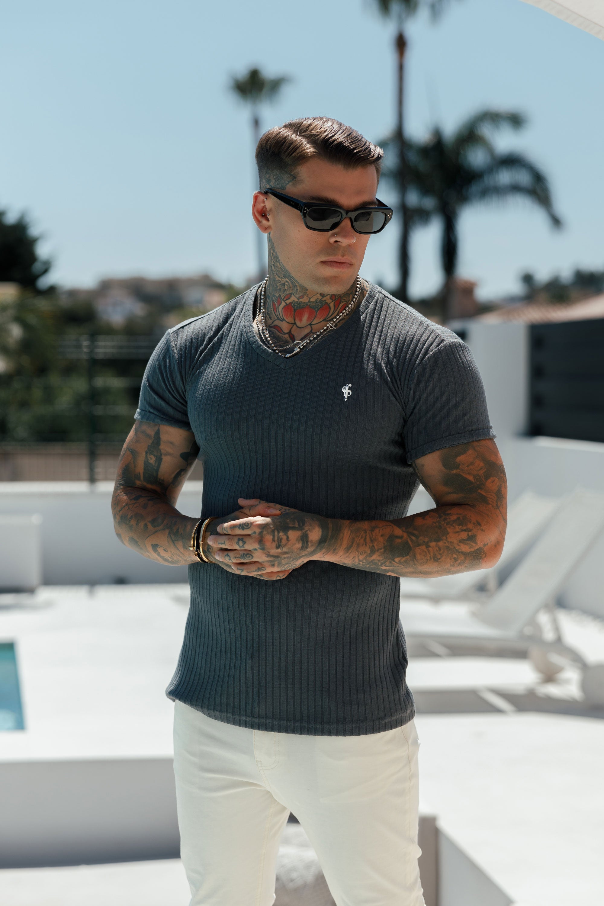 Super Slim Charcoal / Silver V Neck Ribbed Crew - FSH1127