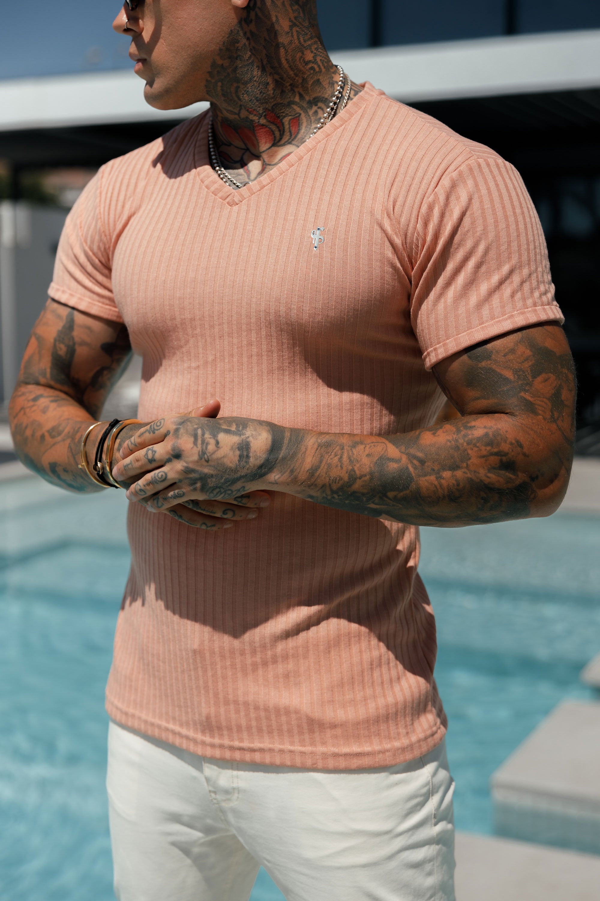 Classic Peach / Silver V Neck Ribbed Crew - FSH1129