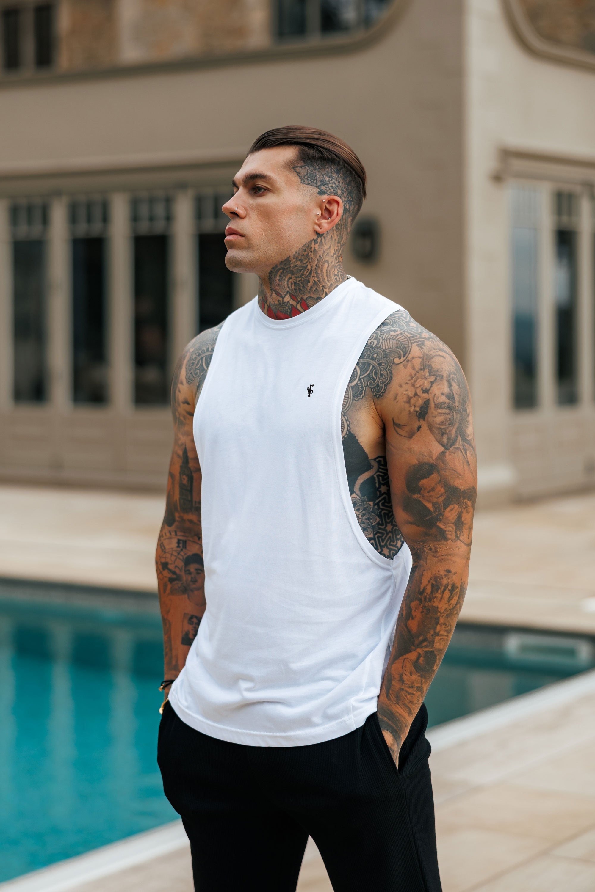 Bamboo Dropped Armhole White / Black Vest - FSH1487