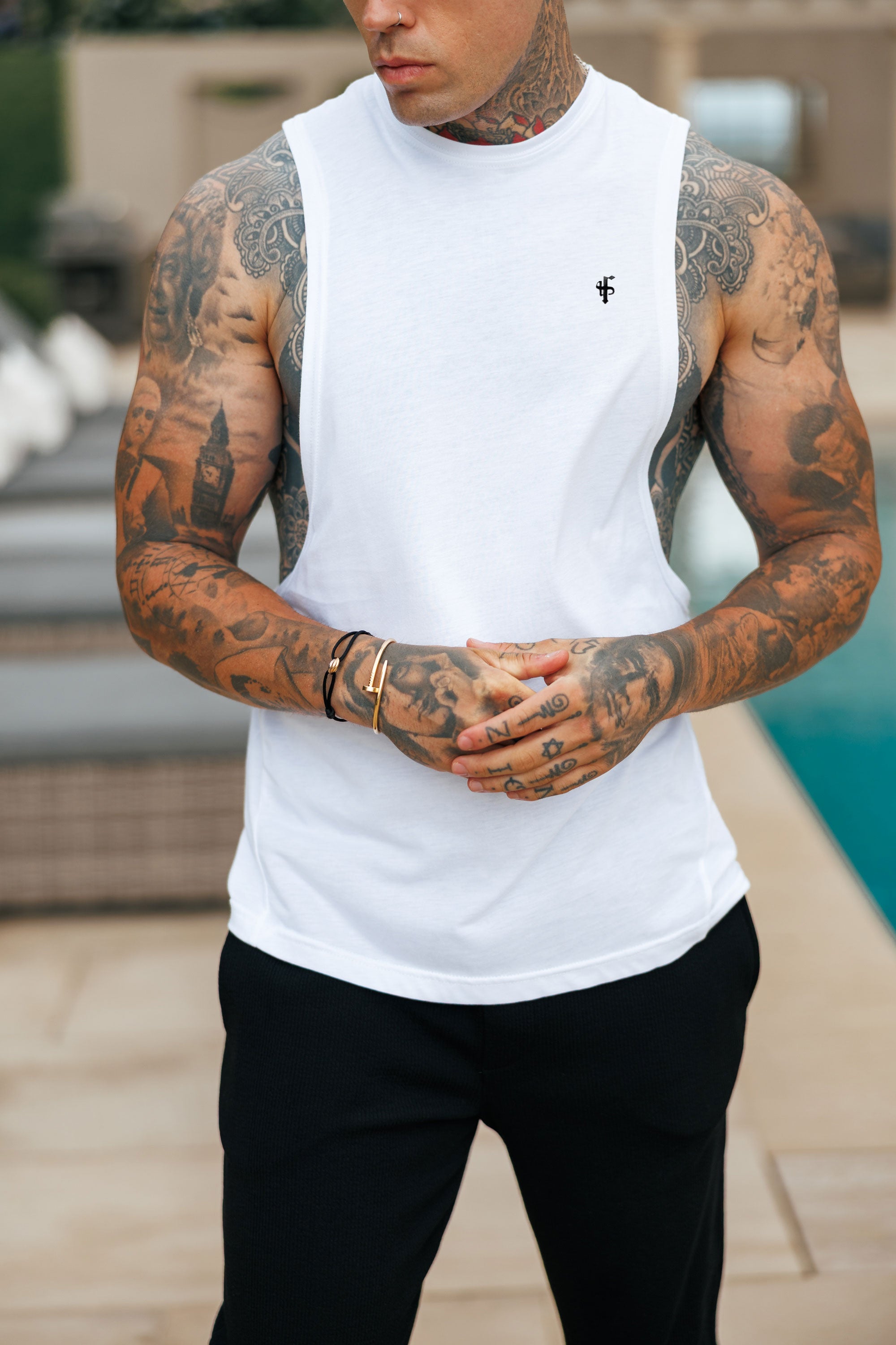 Bamboo Dropped Armhole White / Black Vest - FSH1487