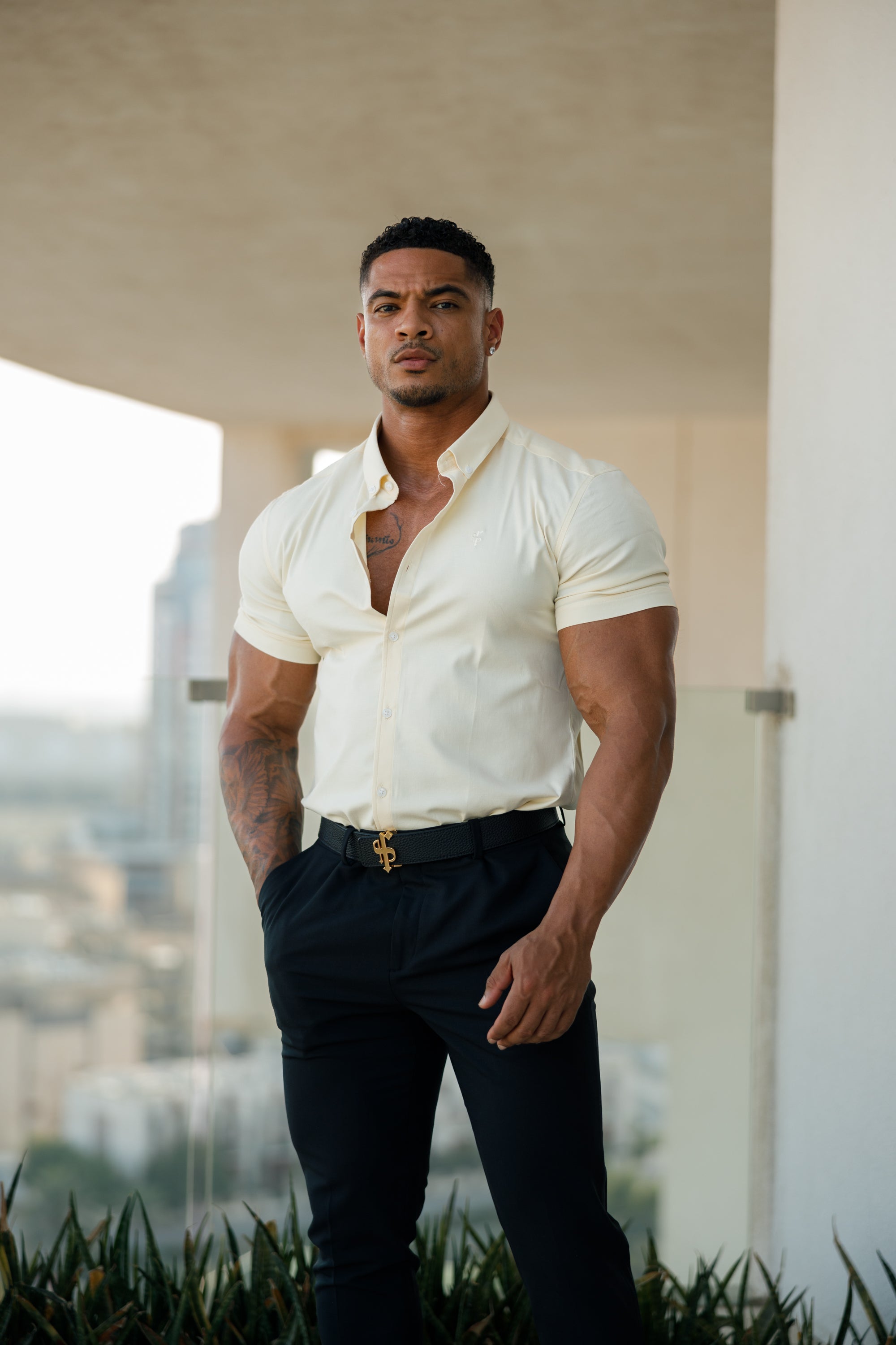 Super Slim Stretch Classic Oxford Lemon Short Sleeve - FS315