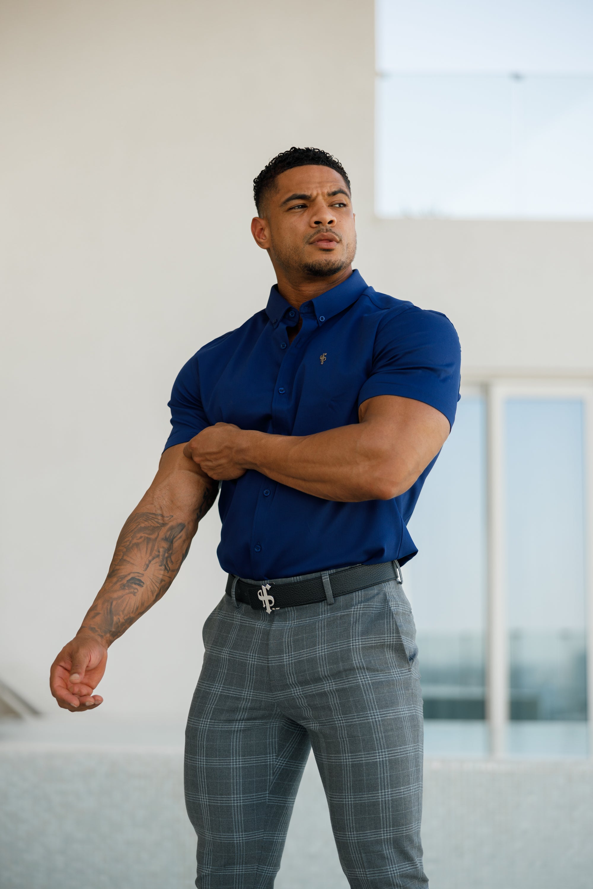 Super Slim Stretch Navy Denim Short Sleeve with Metal Decal Emblem - FS637