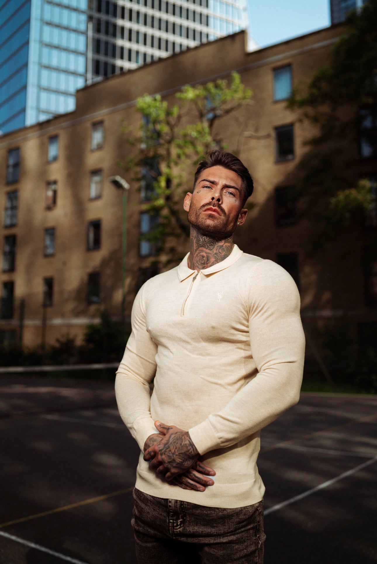 Classic Beige Merino Wool Knitted Zip Polo Long Sleeve Jumper With FS Embroidery- FSN008