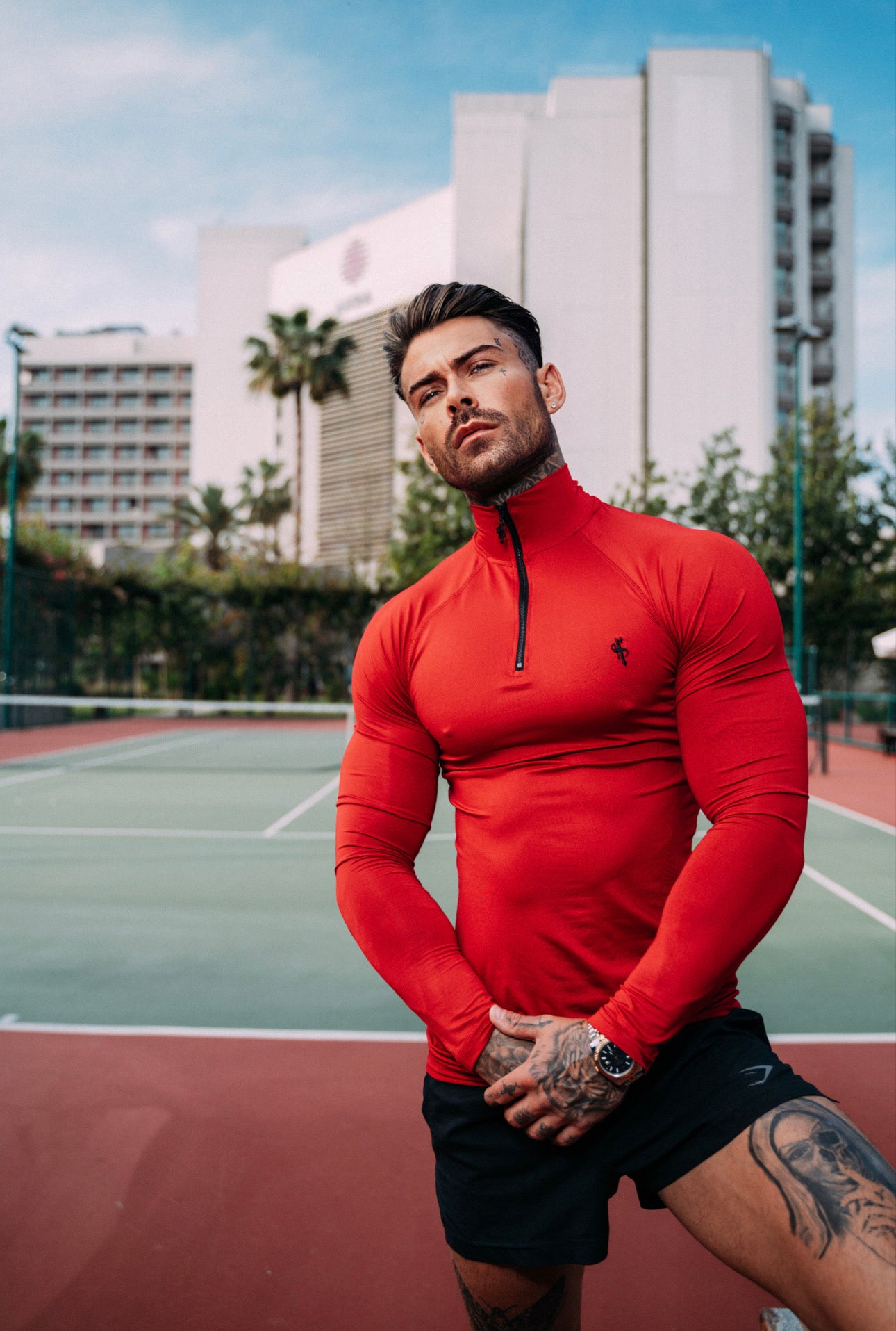 Long Sleeve Red Half Zip Gym Top - FSH752
