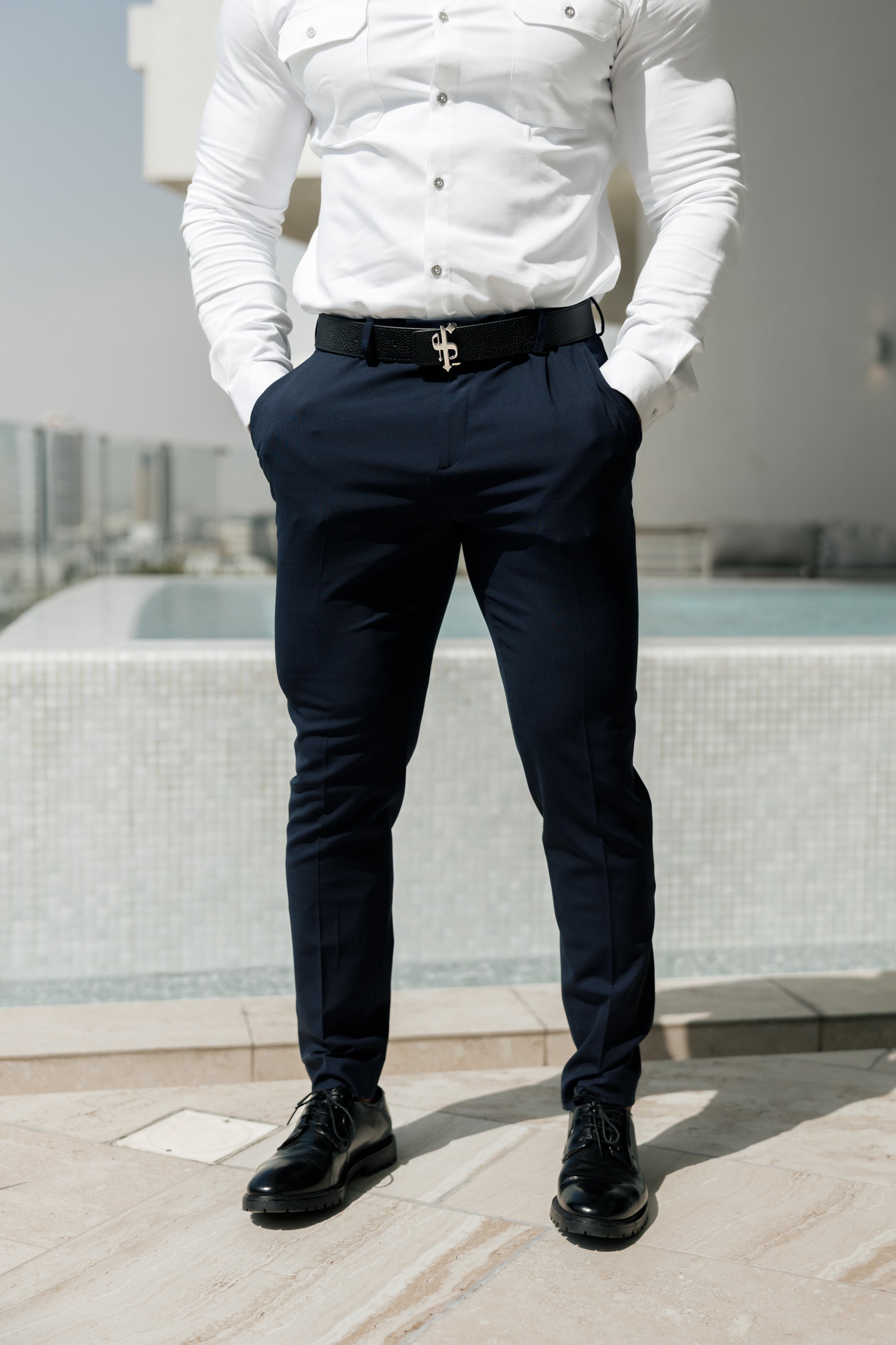Relaxed Formal Plain Navy Stretch Trousers - FSTR009 RELAXED