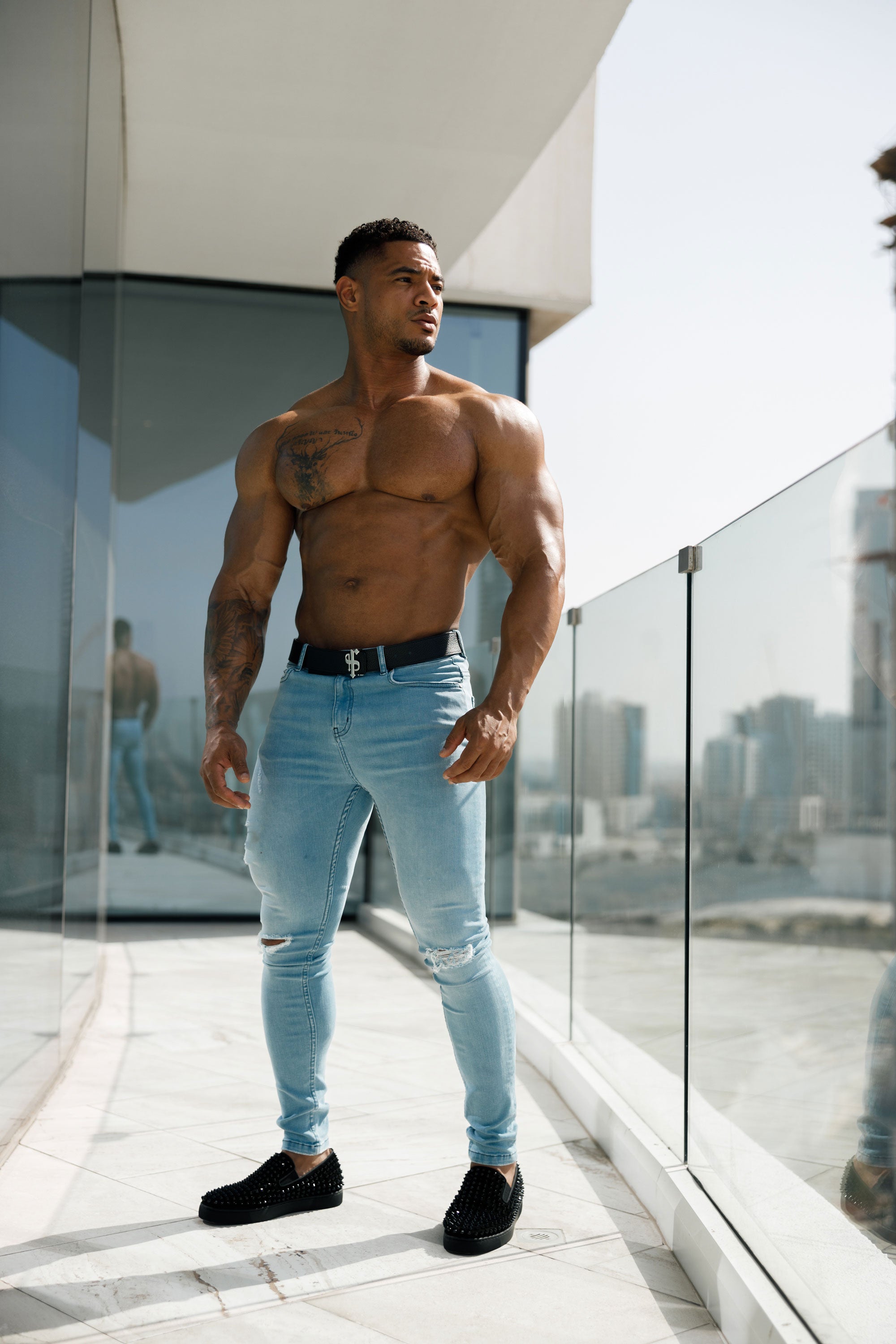 Ultra Stretch Navy Bleached Slim Jeans with Knee Rips - FSJEAN005