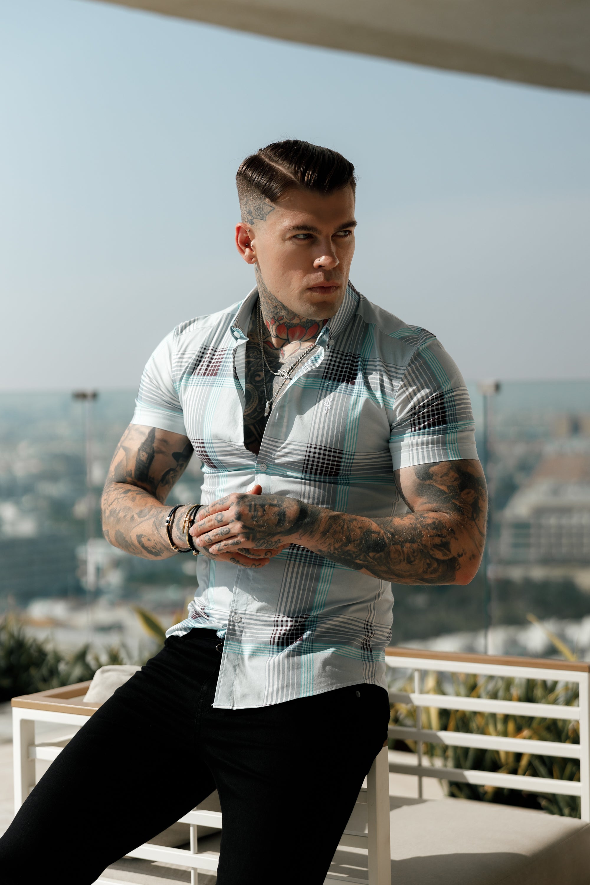 Super Slim Stretch Aqua Check Print Short Sleeve with Button Down Collar - FS915