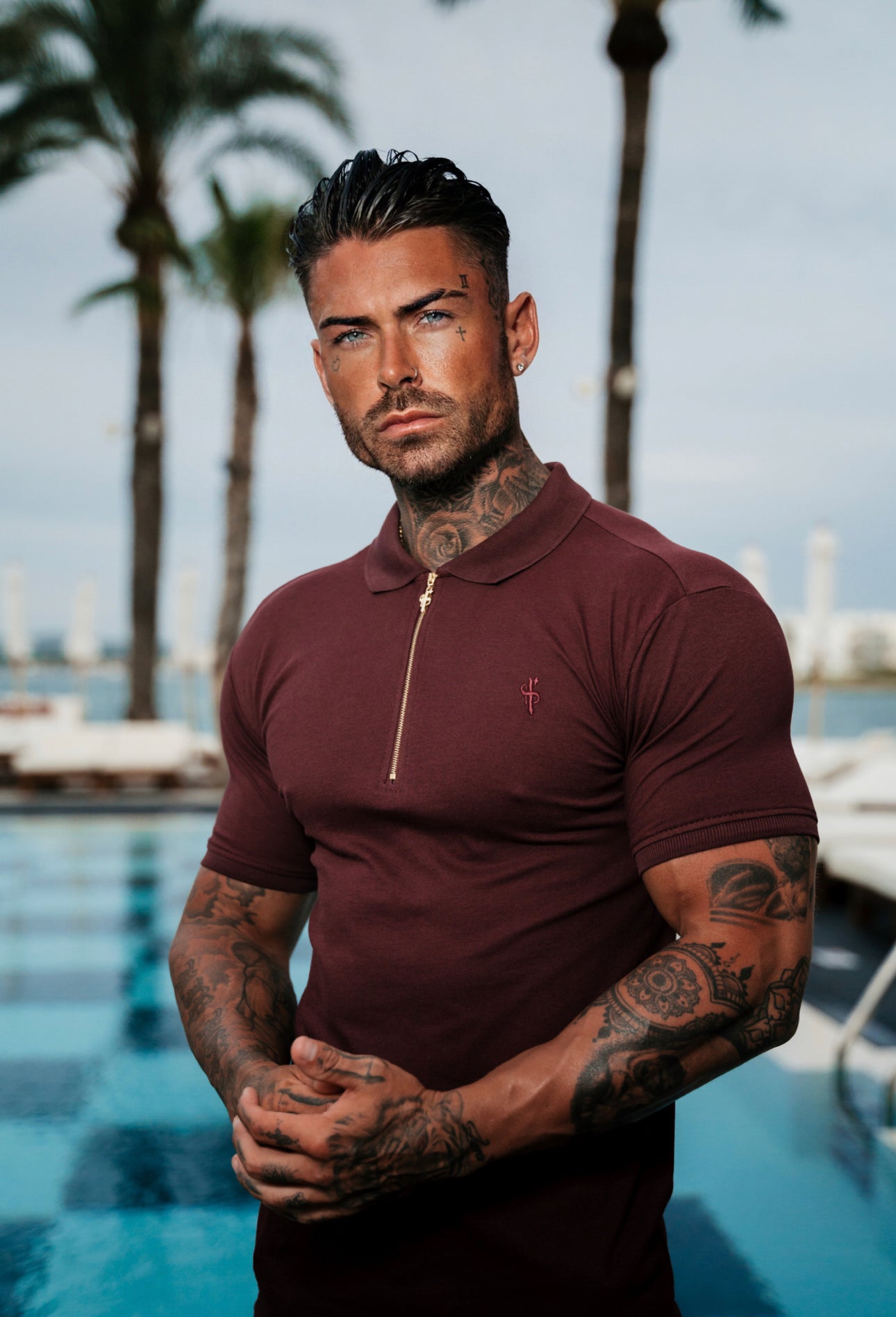 Classic Burgundy and Gold Zipped Polo Shirt - FSH814