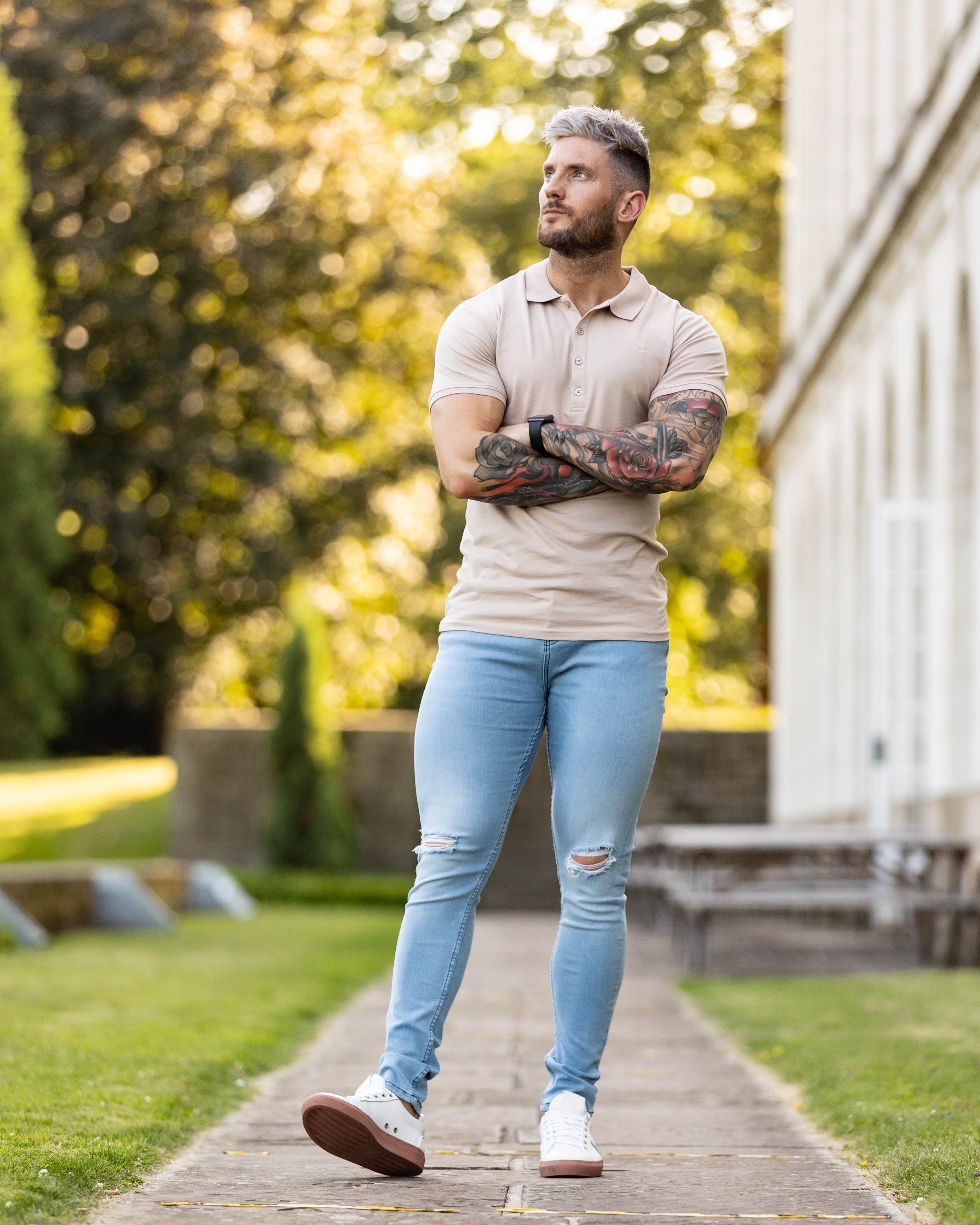Ultra Stretch Navy Bleached Slim Jeans with Knee Rips - FSJEAN005