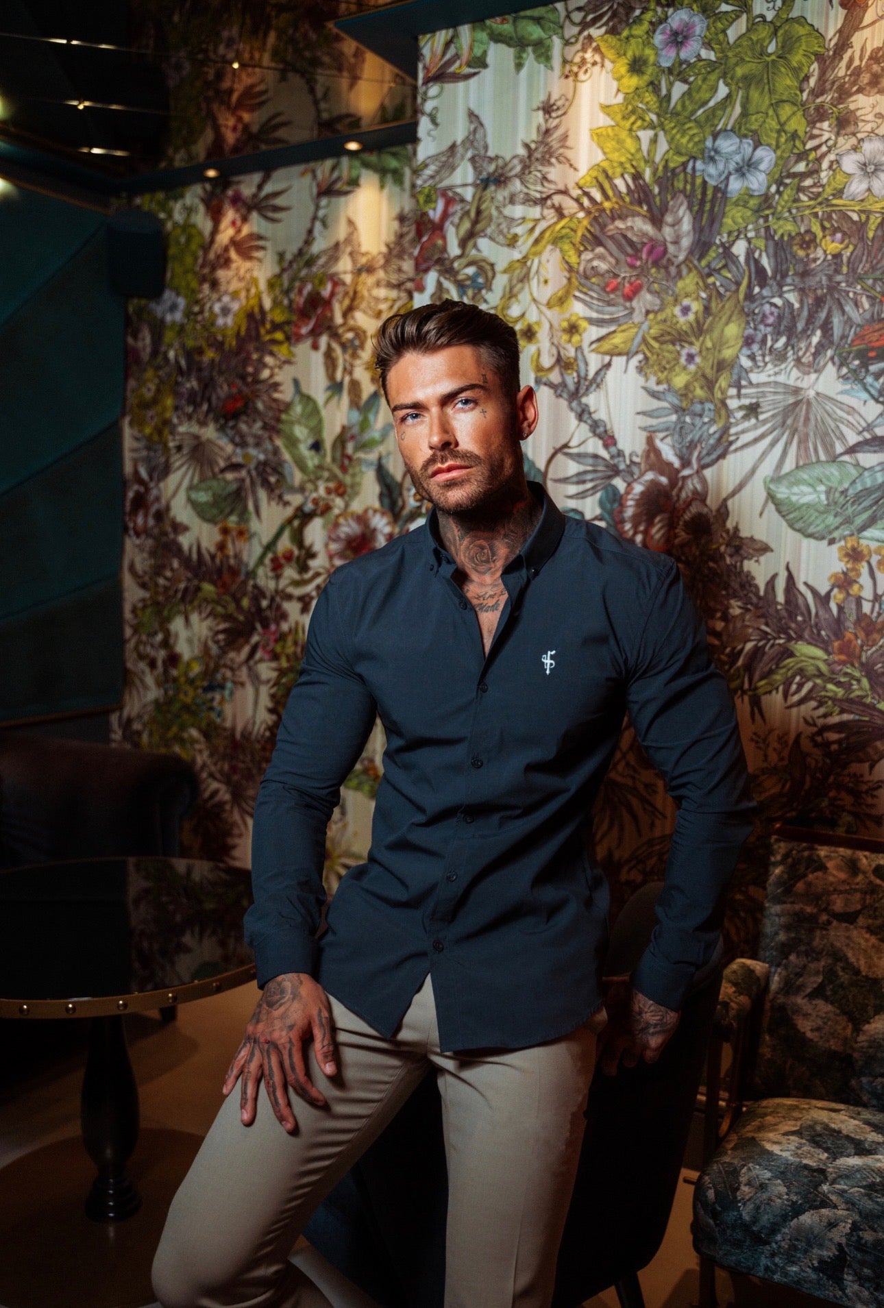 Super Slim Stretch Classic Navy Long Sleeve With Button Down Collar - FS817