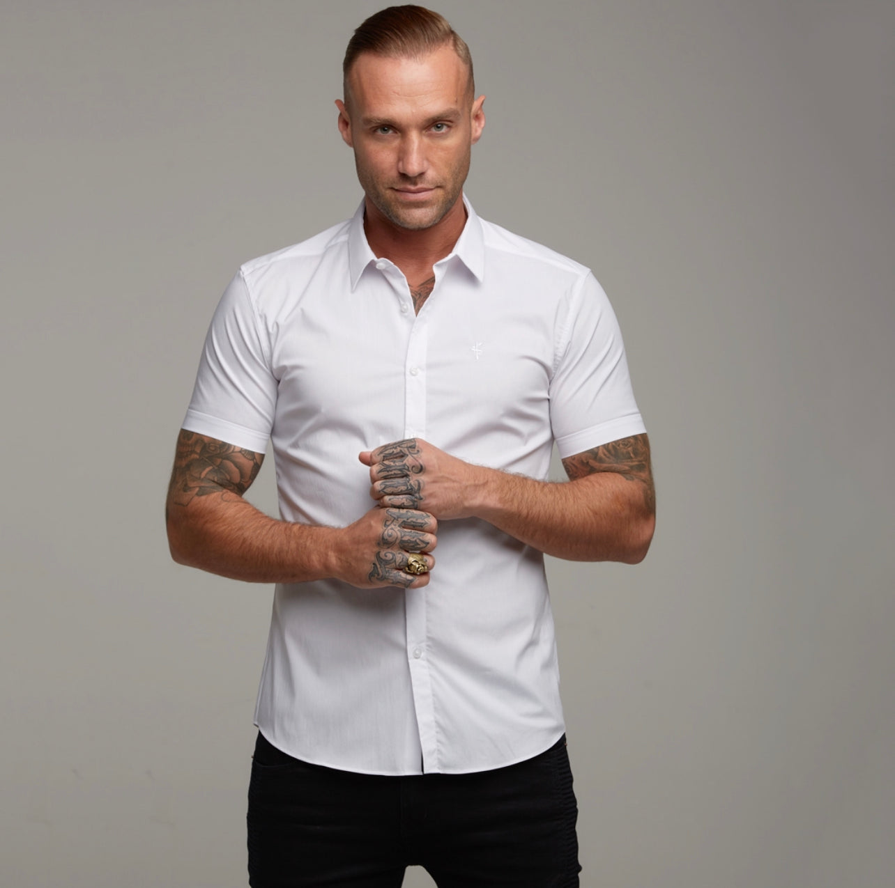 Super Slim Stretch White Tonal Buttons and Embroidery Short Sleeve - FS889