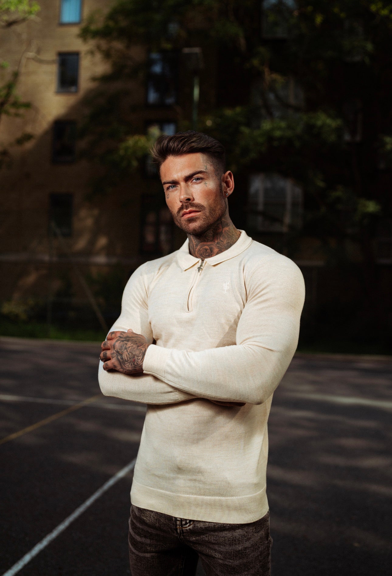 Classic Beige Merino Wool Knitted Zip Polo Long Sleeve Jumper With FS Embroidery- FSN008