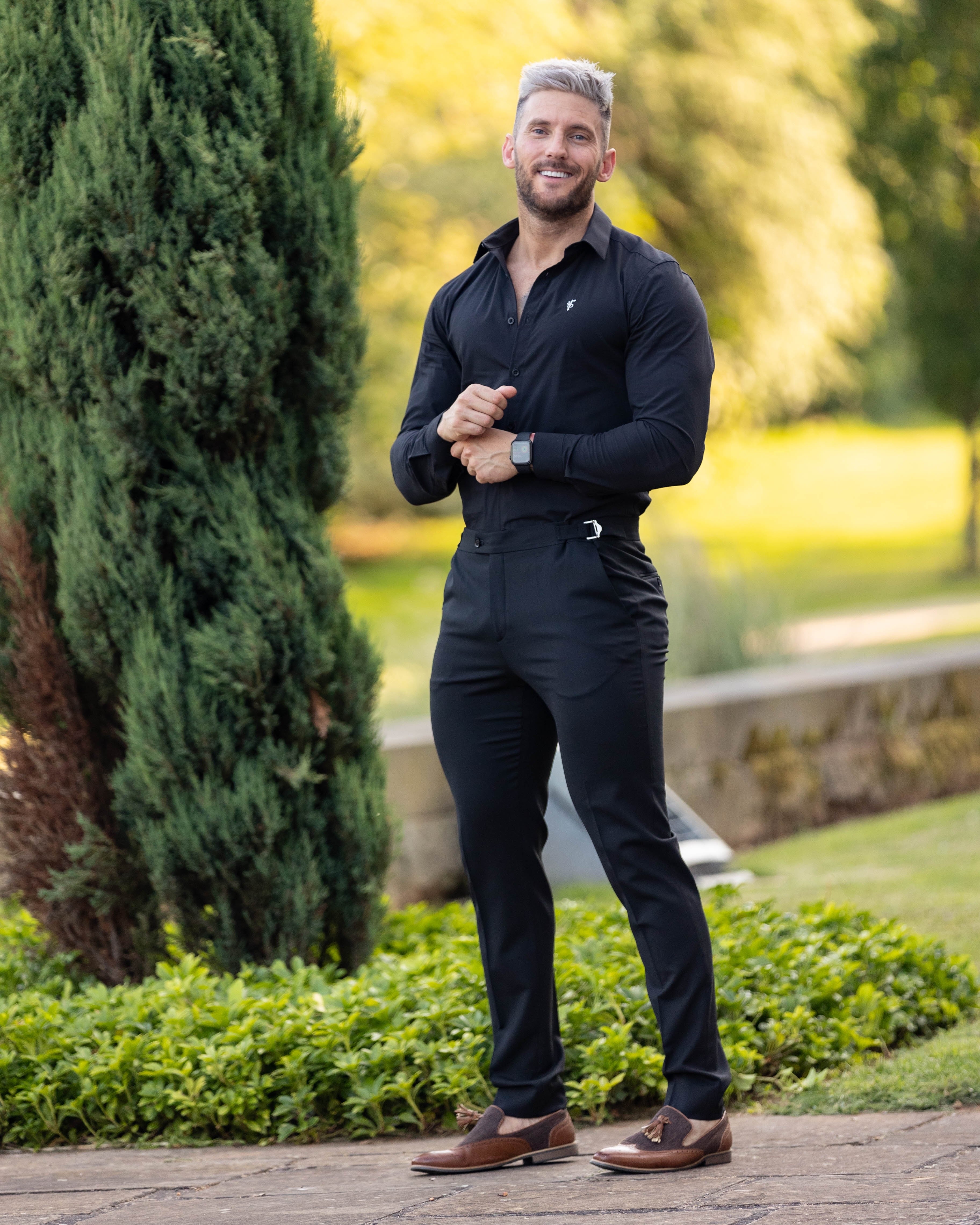 Slim Formal Black Stretch Trousers With Silver Waist Adjusters - FST013