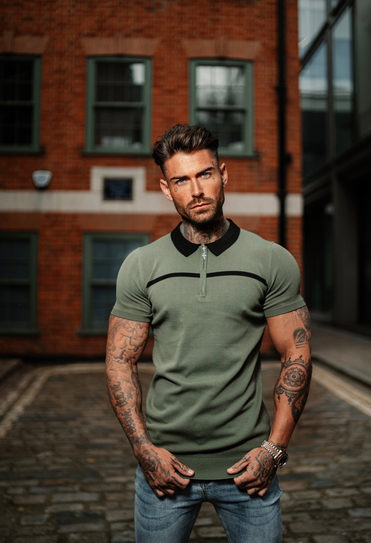 Classic Khaki / Black Horizontal Stripe Zipped Polo Short Sleeve - FSN042
