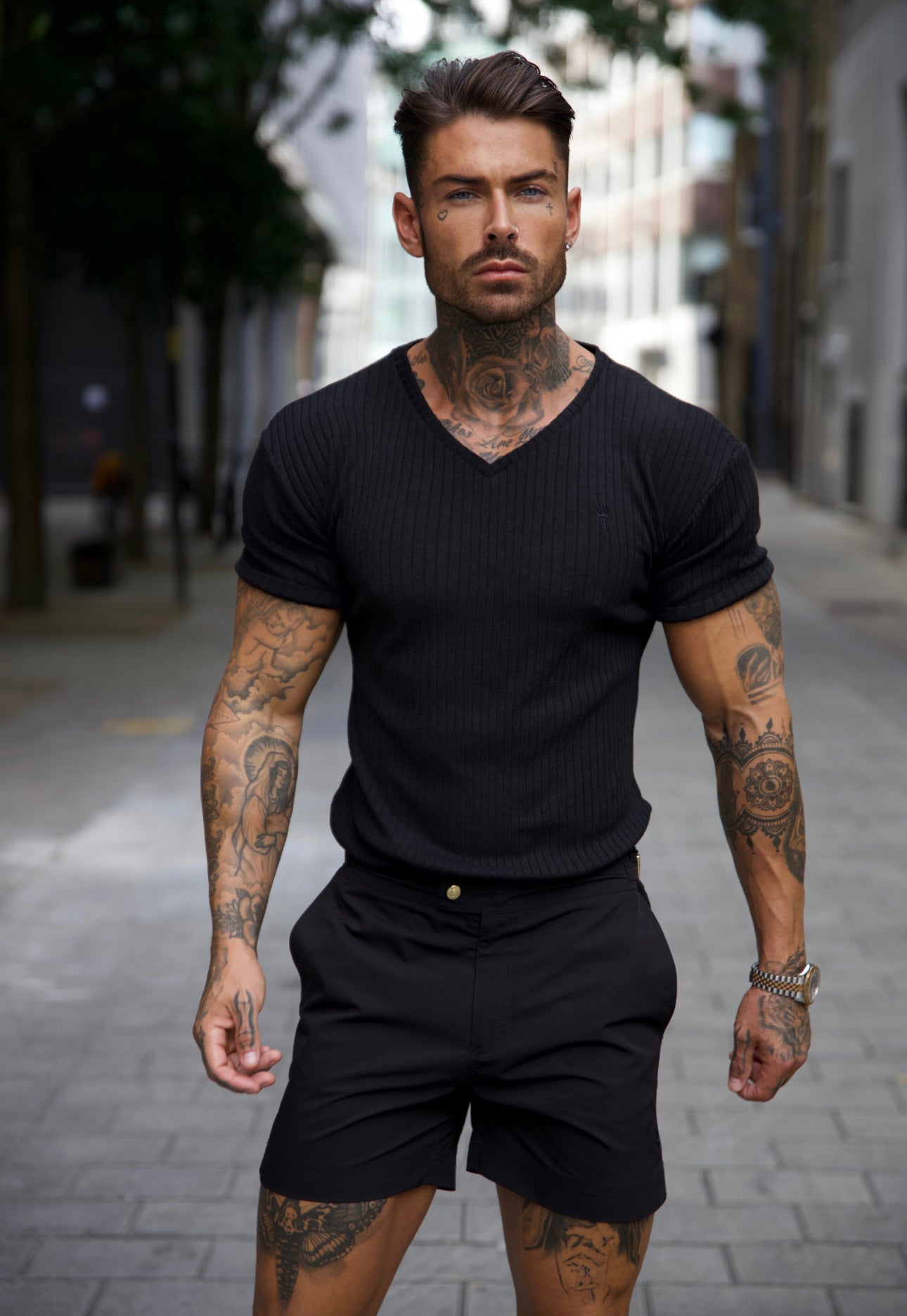 Classic Black With Black Emblem Ribbed V Neck - Emb