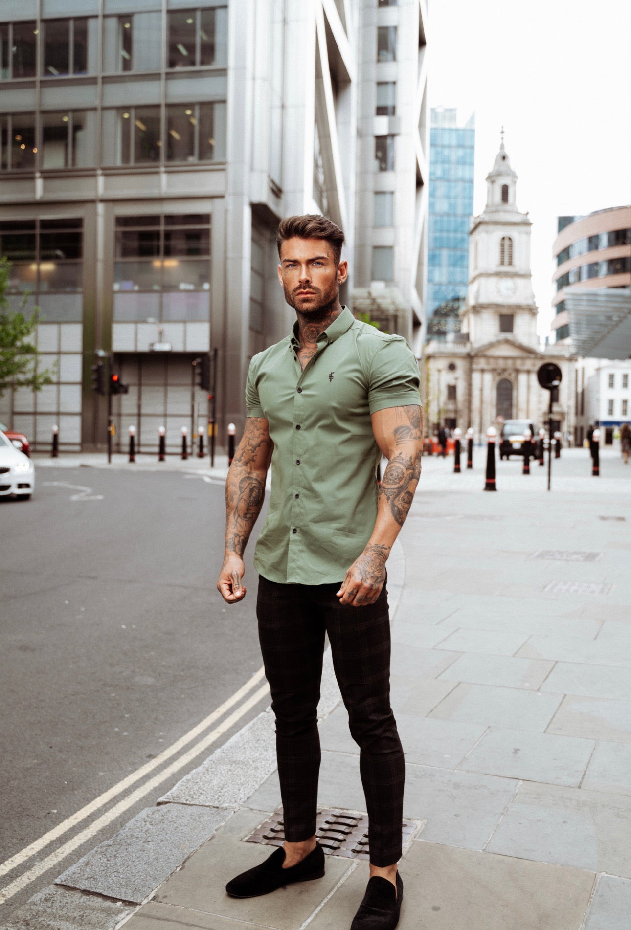 Super Slim Stretch Classic Khaki Short Sleeve With Button Down Collar - FS818