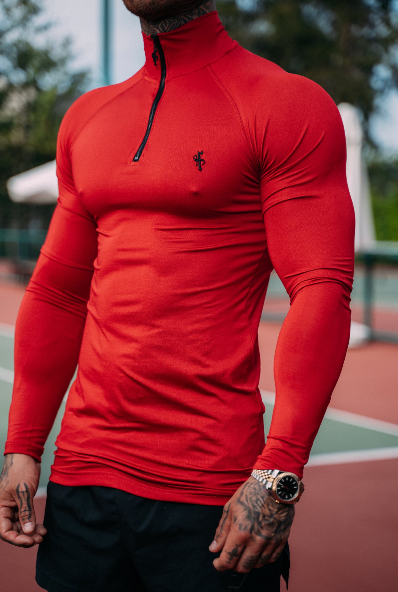 Long Sleeve Red Half Zip Gym Top - FSH752