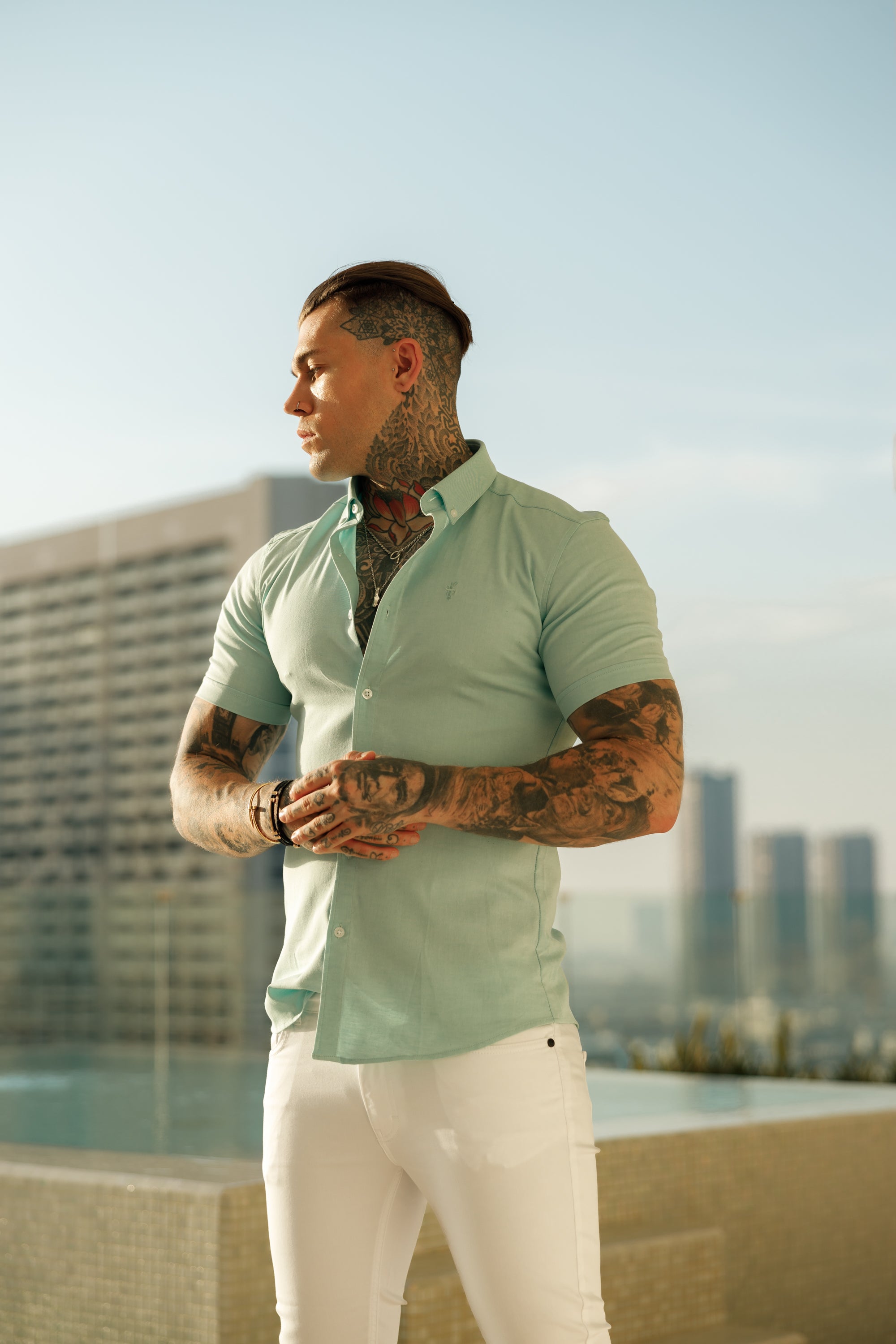 Super Slim Stretch Classic Oxford Mint Short Sleeve - FS311