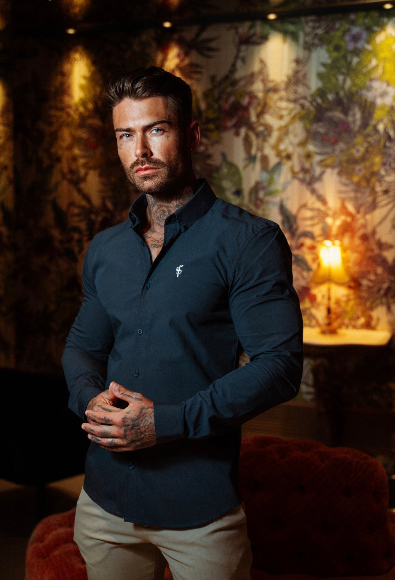 Super Slim Stretch Classic Navy Long Sleeve With Button Down Collar - FS817