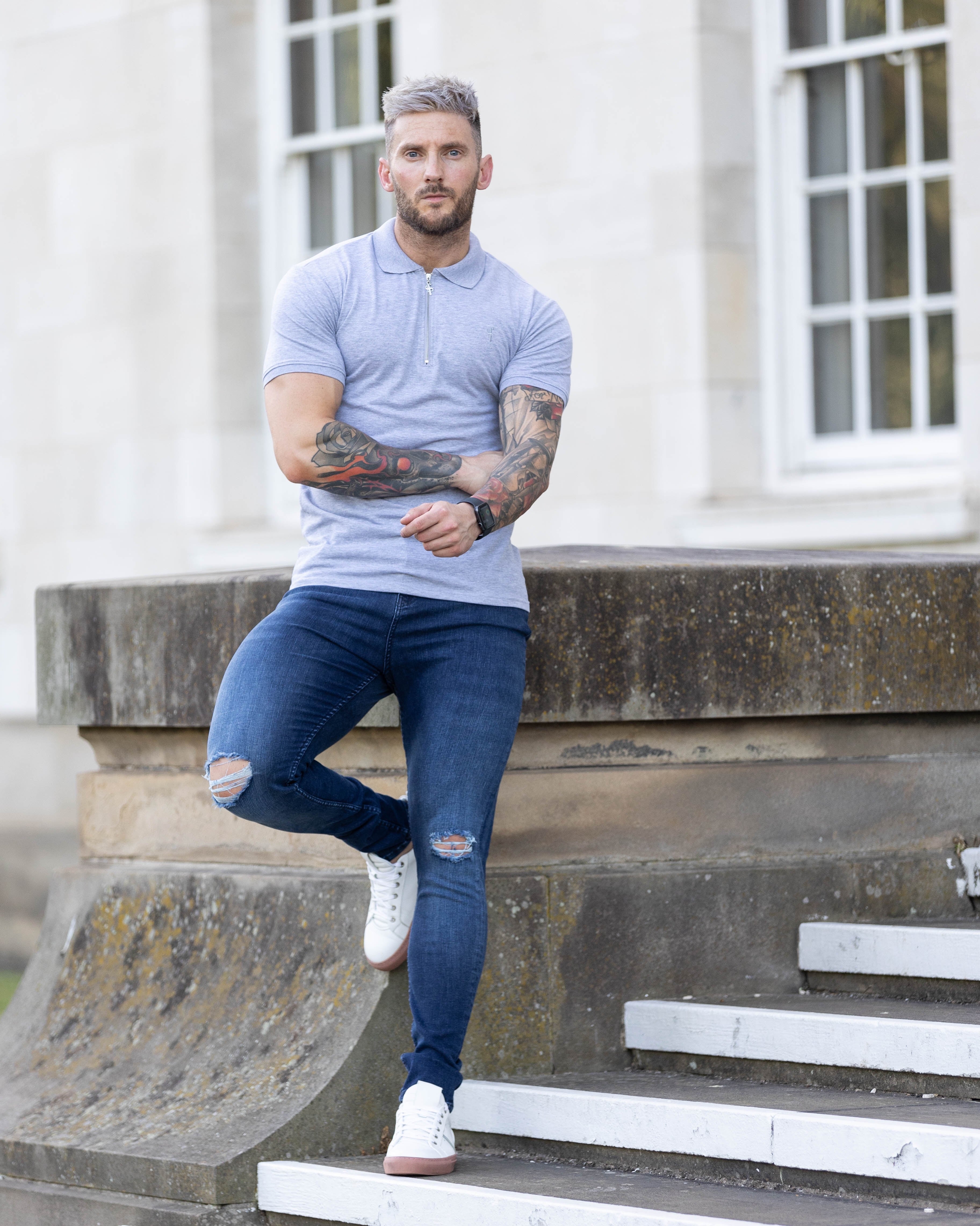 Ultra Stretch Navy Slim Jeans with Knee Rips - FSJEAN004