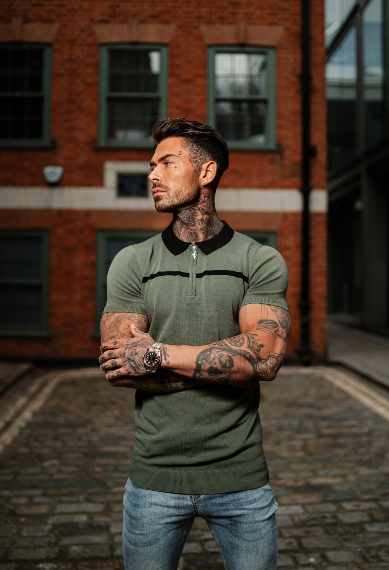 Classic Khaki / Black Horizontal Stripe Zipped Polo Short Sleeve - FSN042