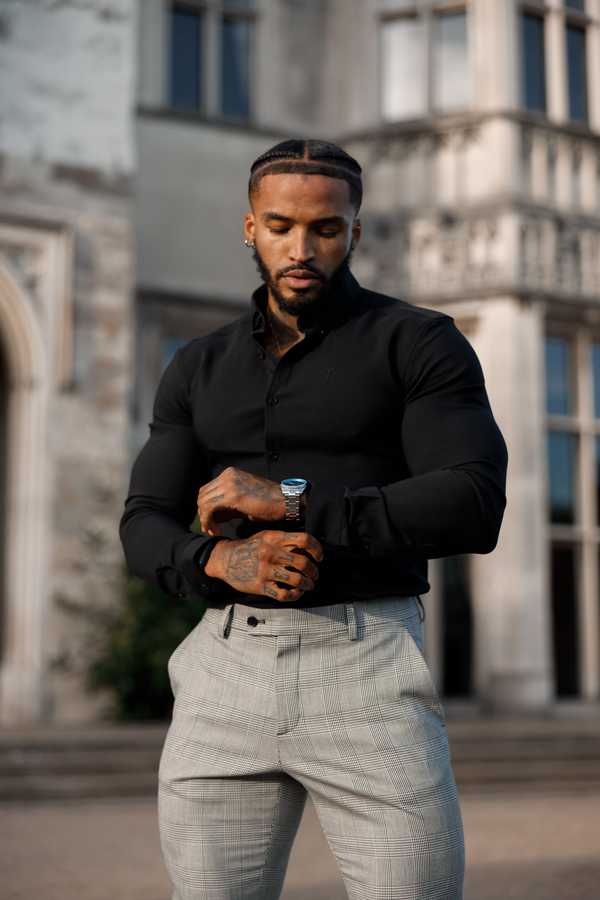 Slim Formal Grey Prince of Wales Check Stretch Trousers - FSTR011