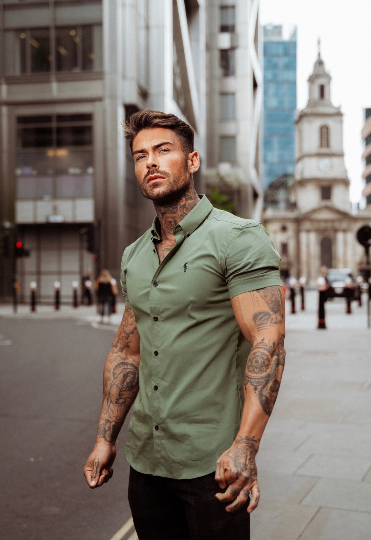 Super Slim Stretch Classic Khaki Short Sleeve With Button Down Collar - FS818