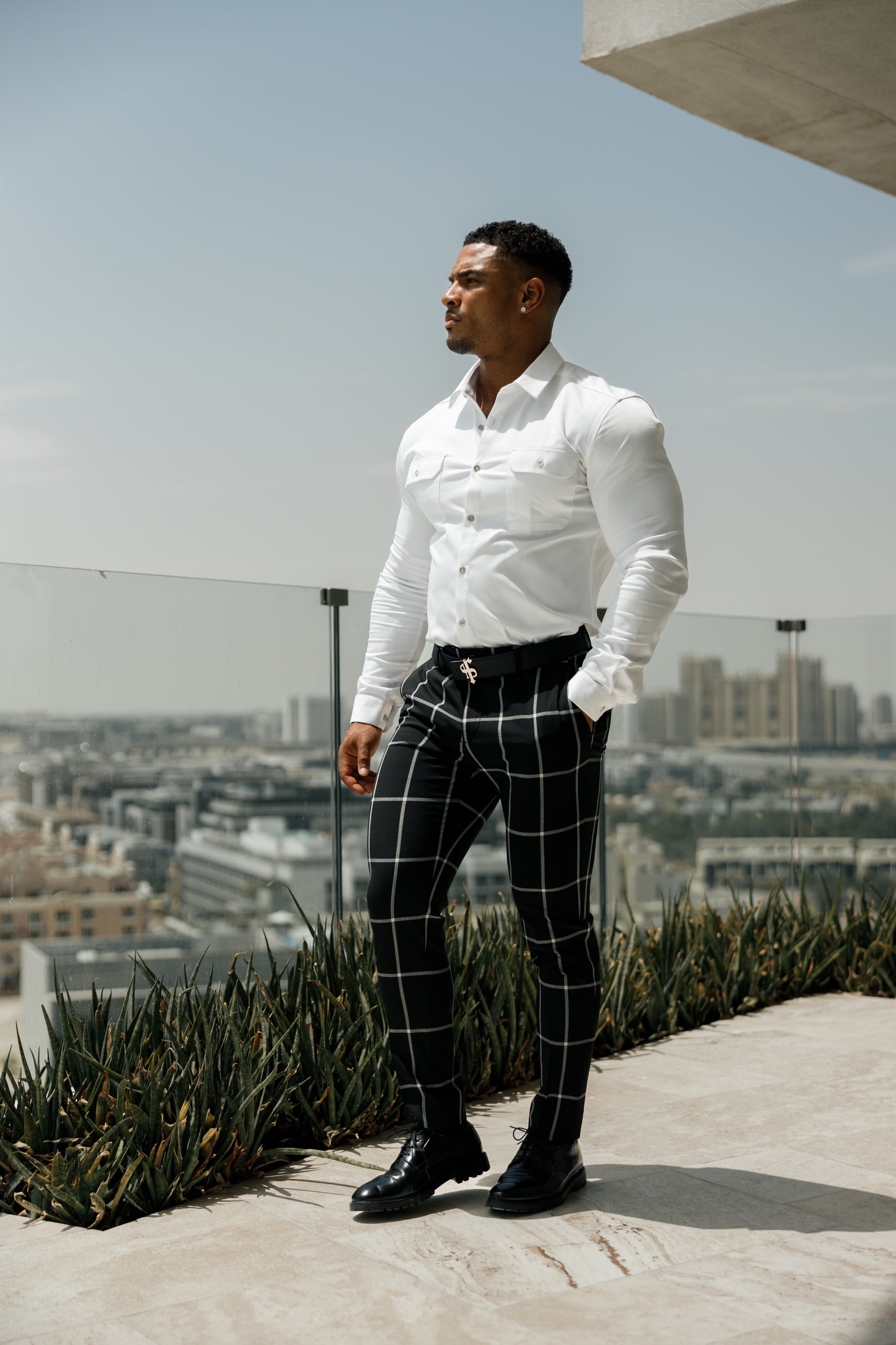 Slim Formal Black and Ecru Large Check Stretch Trousers - FST015