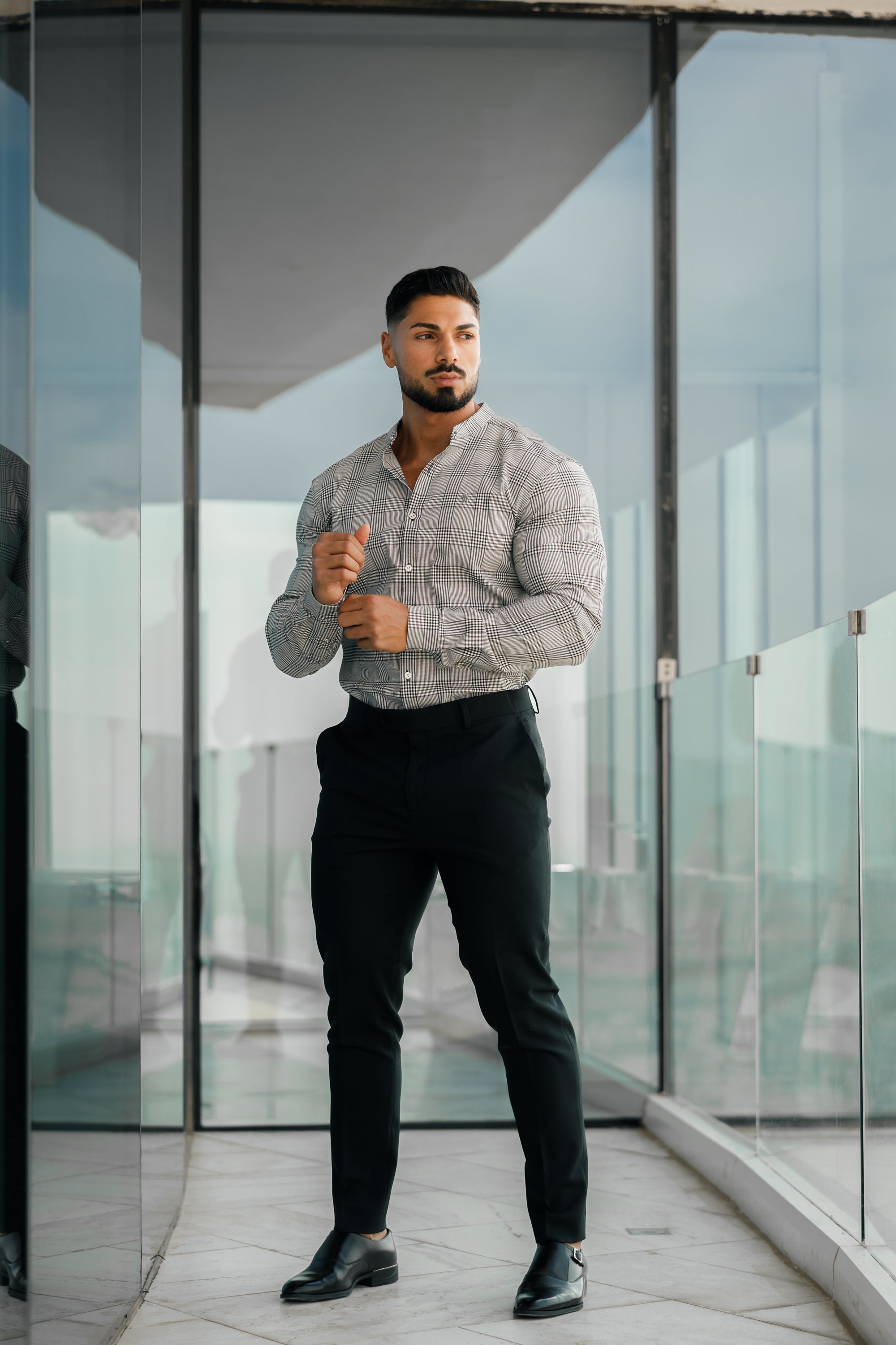 Super Slim Stretch Prince Of Wales White and Black Check Long Sleeve Grandad Collar with Metal Buttons and Emblem- FS733