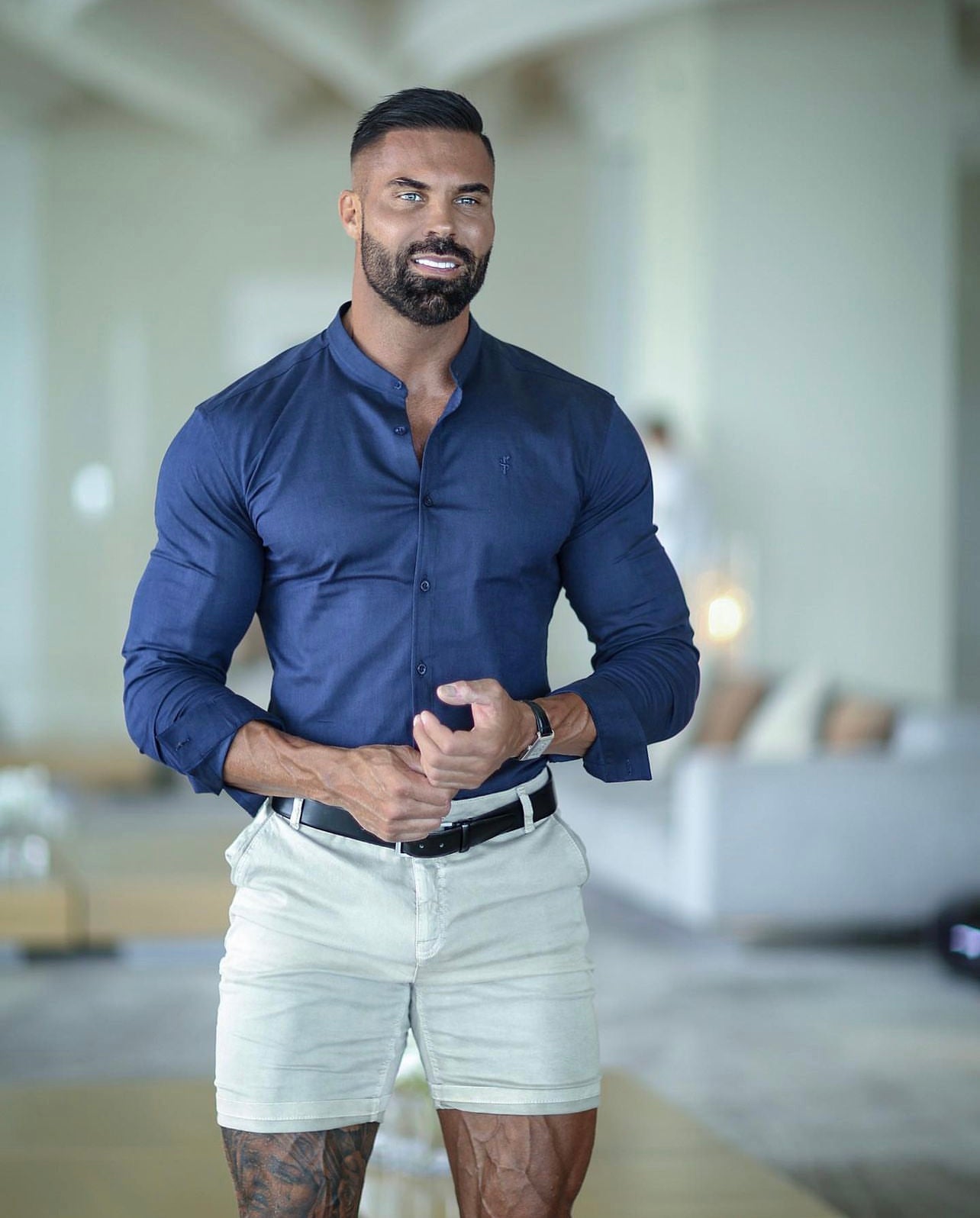 Super Slim Stretch Grandad Collar Classic Navy Oxford Long Sleeve - FS583