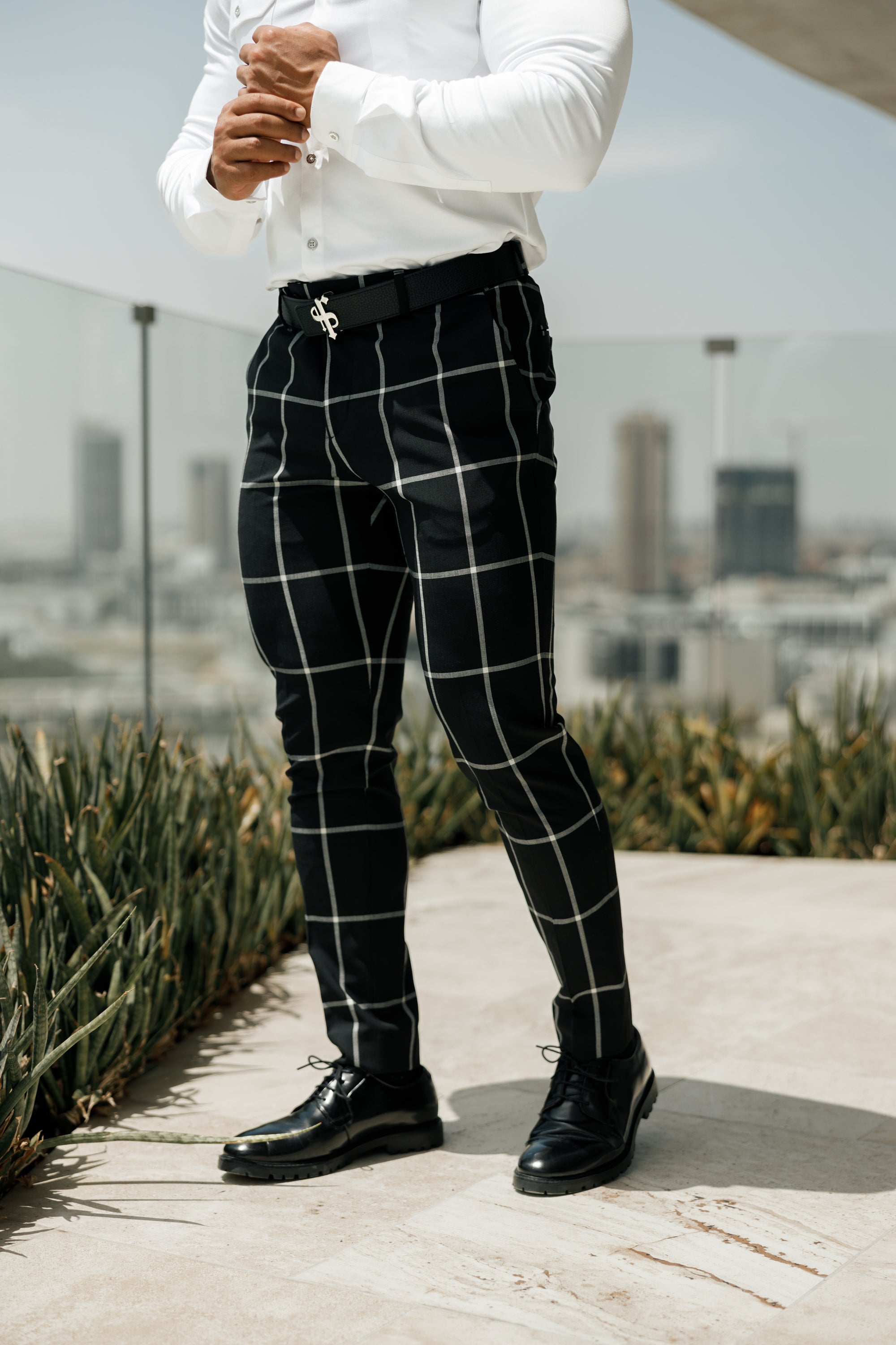 Slim Formal Black and Ecru Large Check Stretch Trousers - FST015