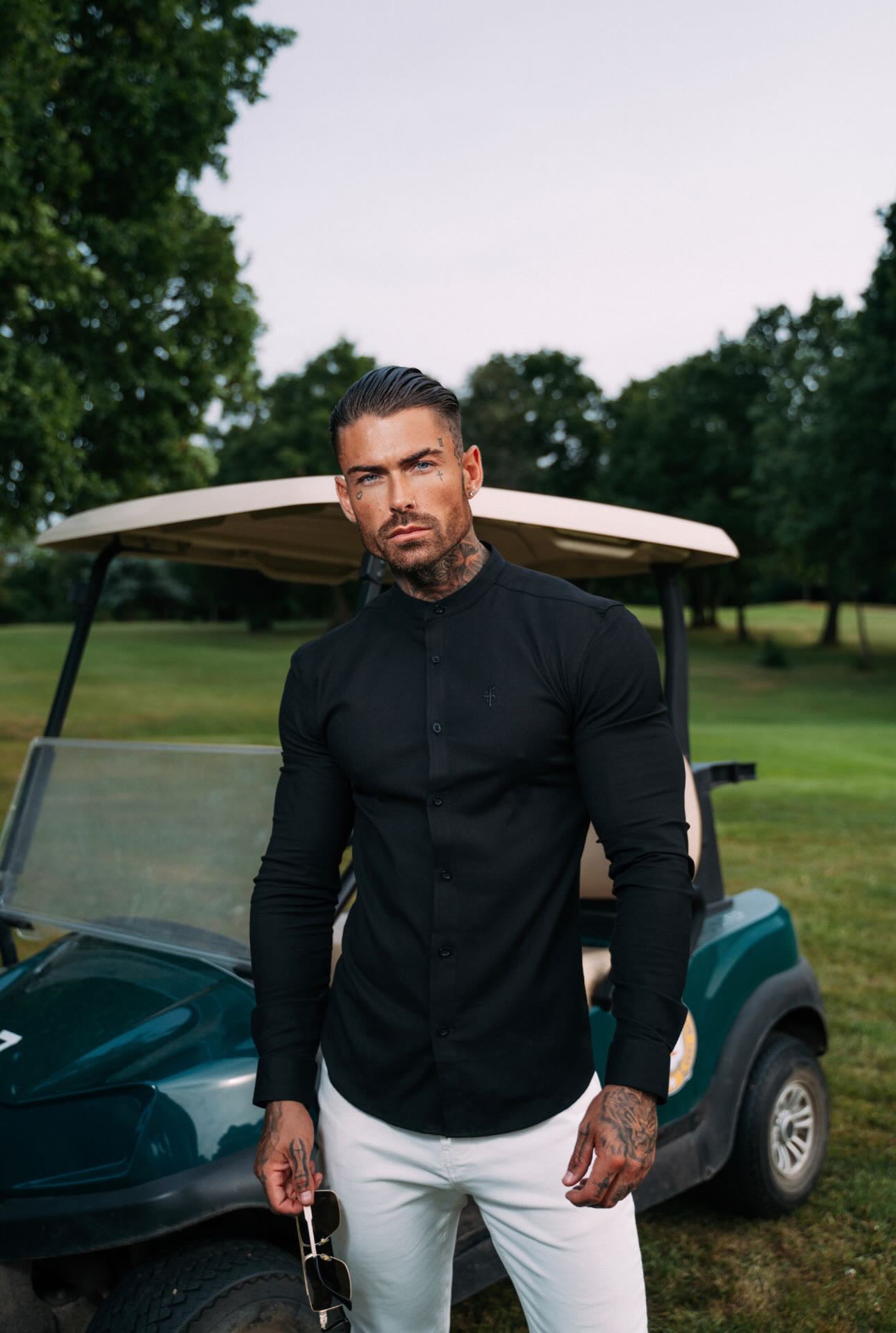 Super Slim Oxford Stretch Grandad Collar Classic Black Oxford - FS581