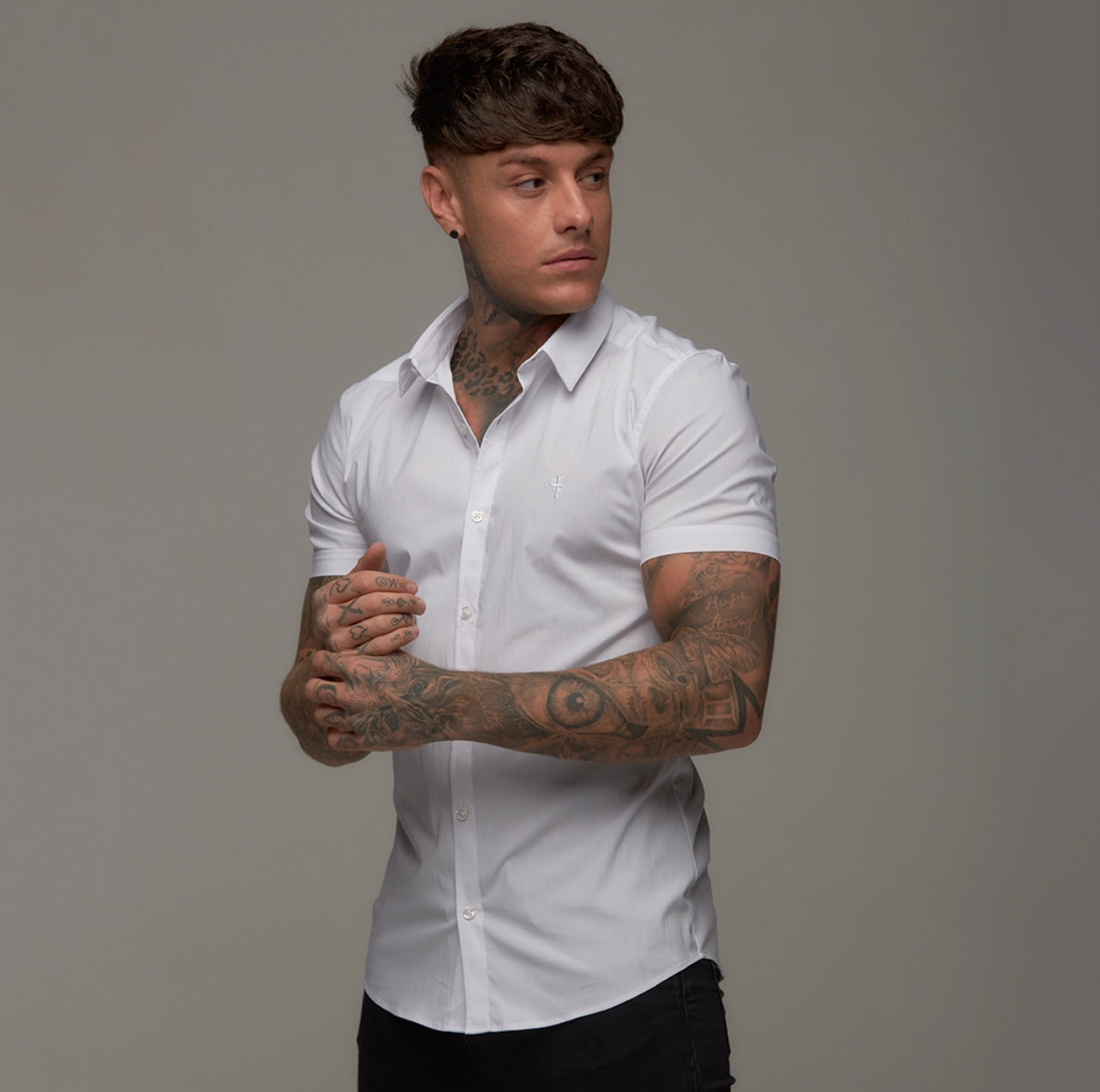 Super Slim Stretch White Tonal Buttons and Embroidery Short Sleeve - FS889