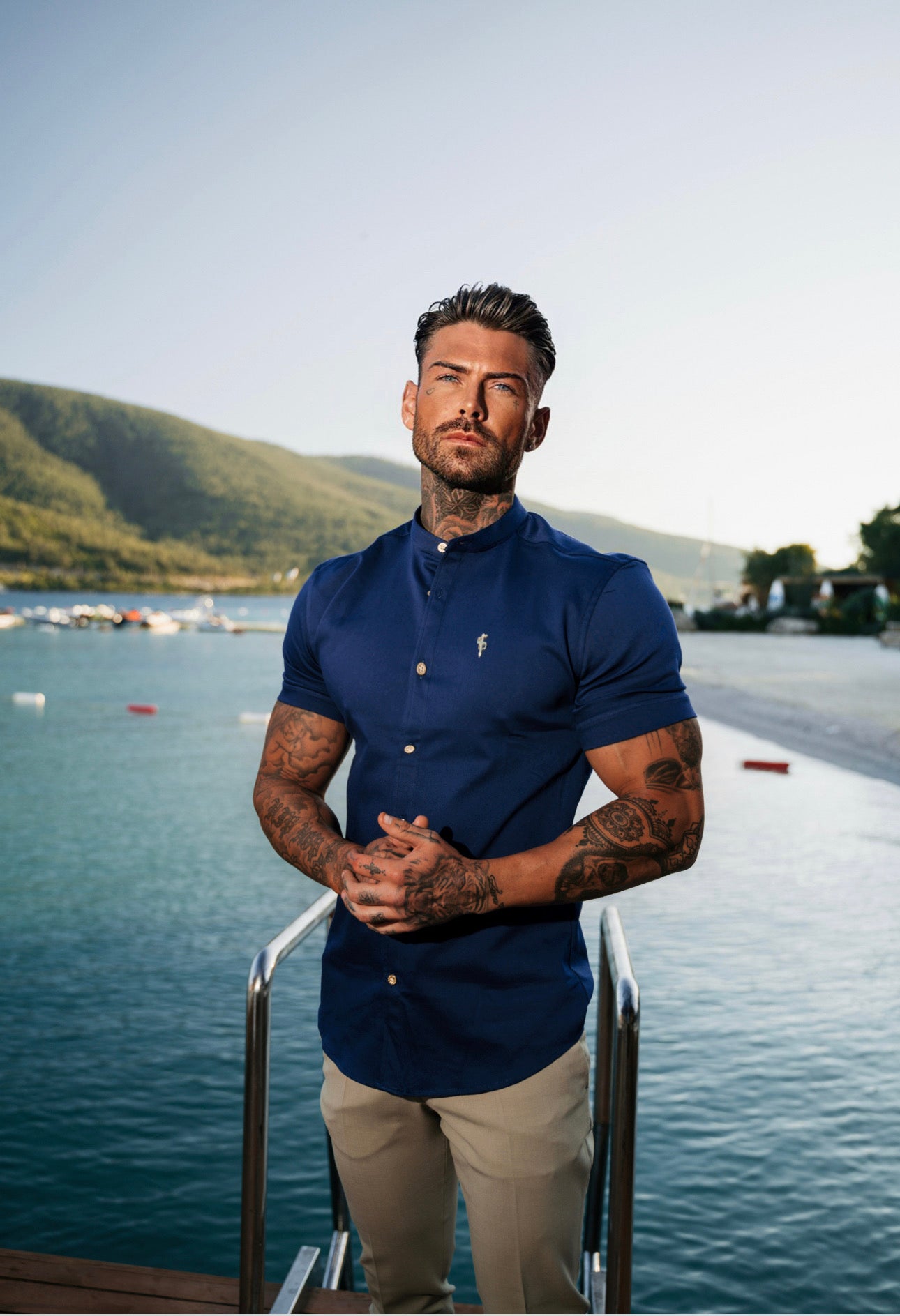 Super Slim Stretch Navy Denim Short Sleeve Grandad collar with Metal Buttons and Decal Emblem - FS714