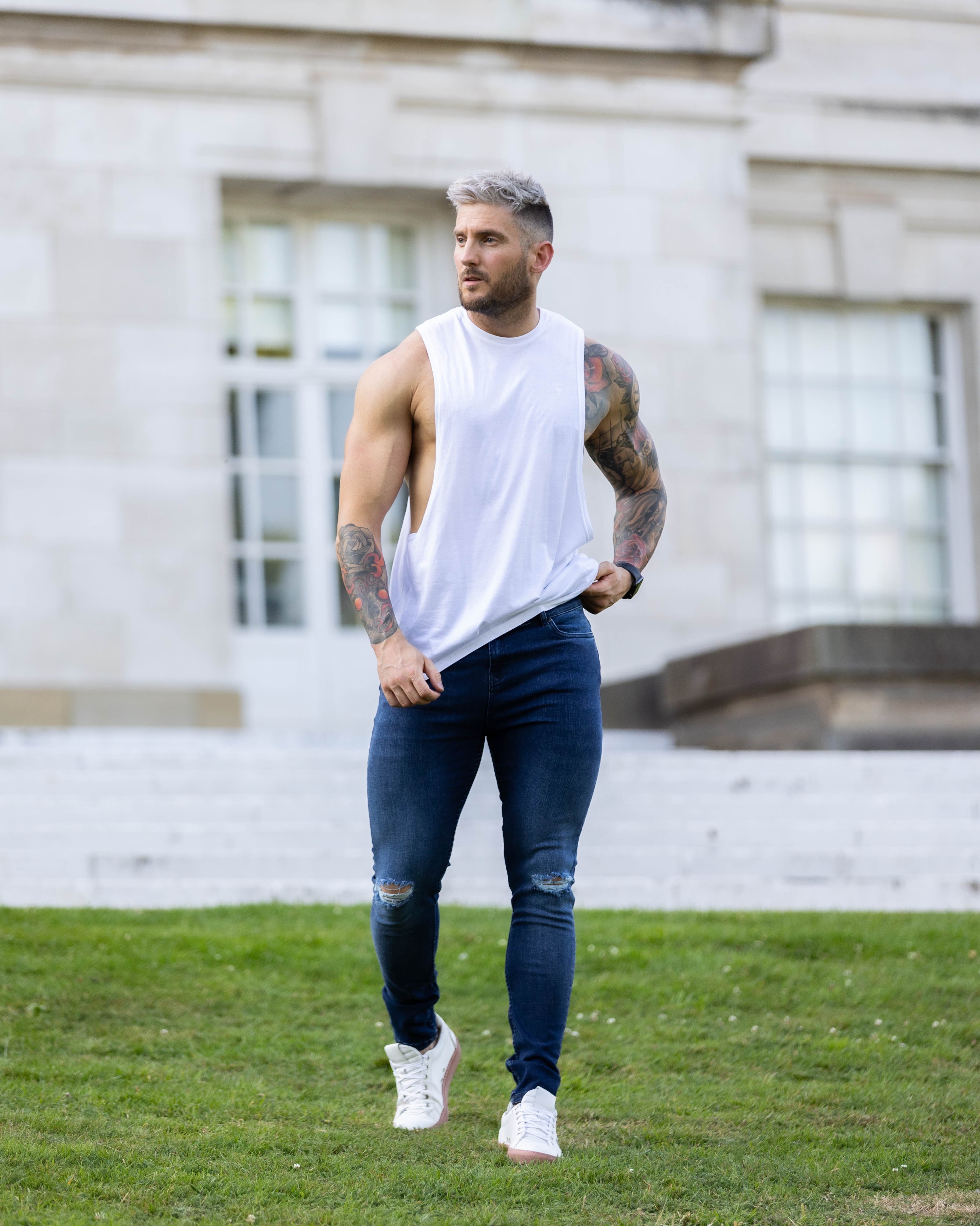 Ultra Stretch Navy Slim Jeans with Knee Rips - FSJEAN004