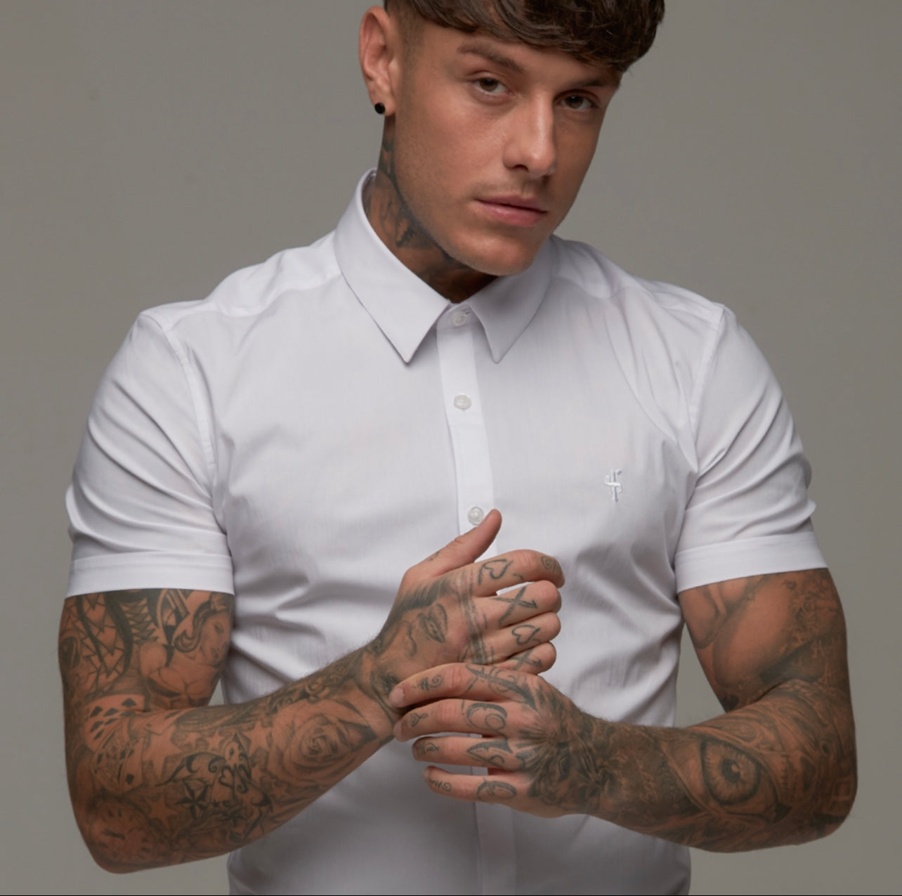 Super Slim Stretch White Tonal Buttons and Embroidery Short Sleeve - FS889