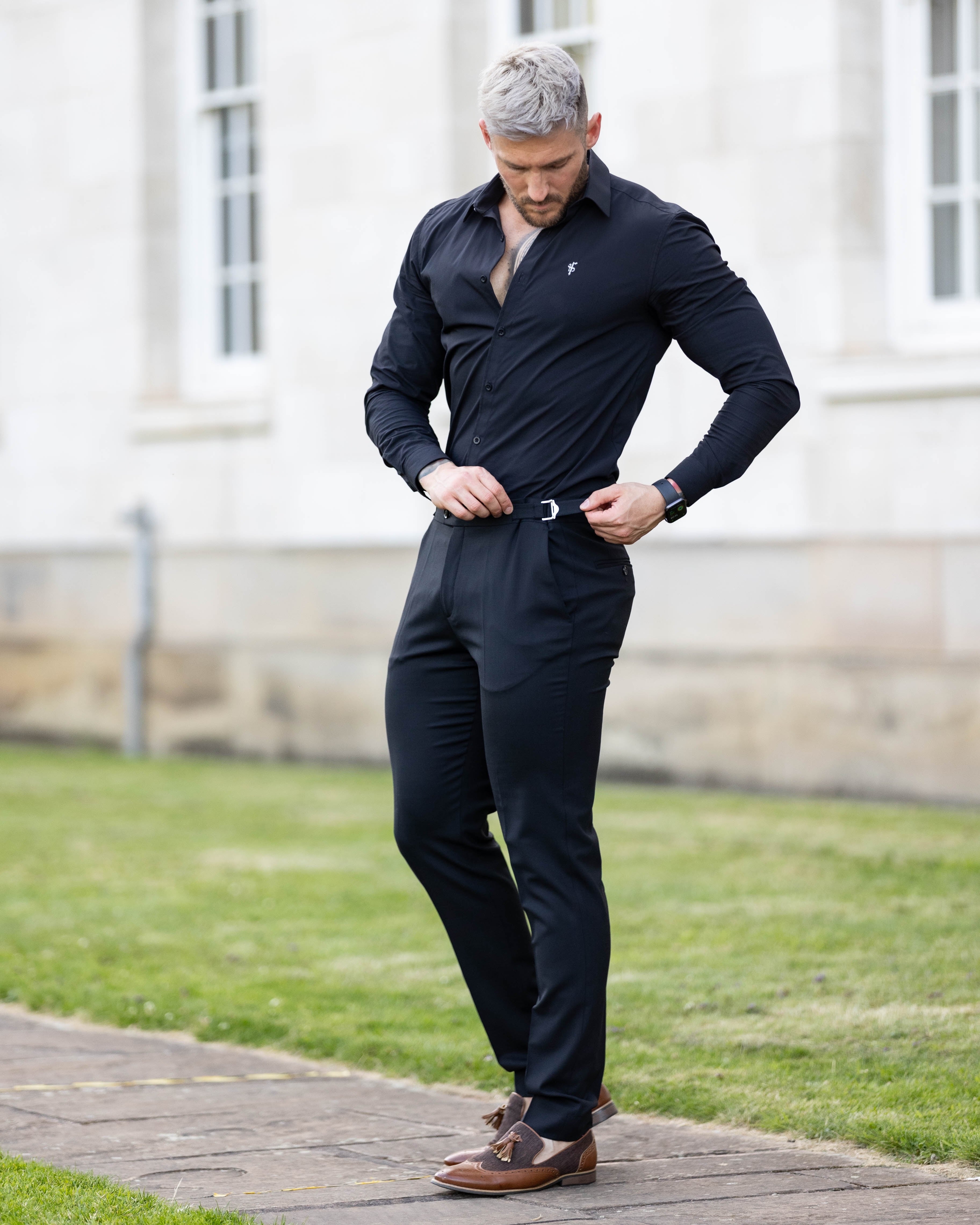 Slim Formal Black Stretch Trousers With Silver Waist Adjusters - FST013