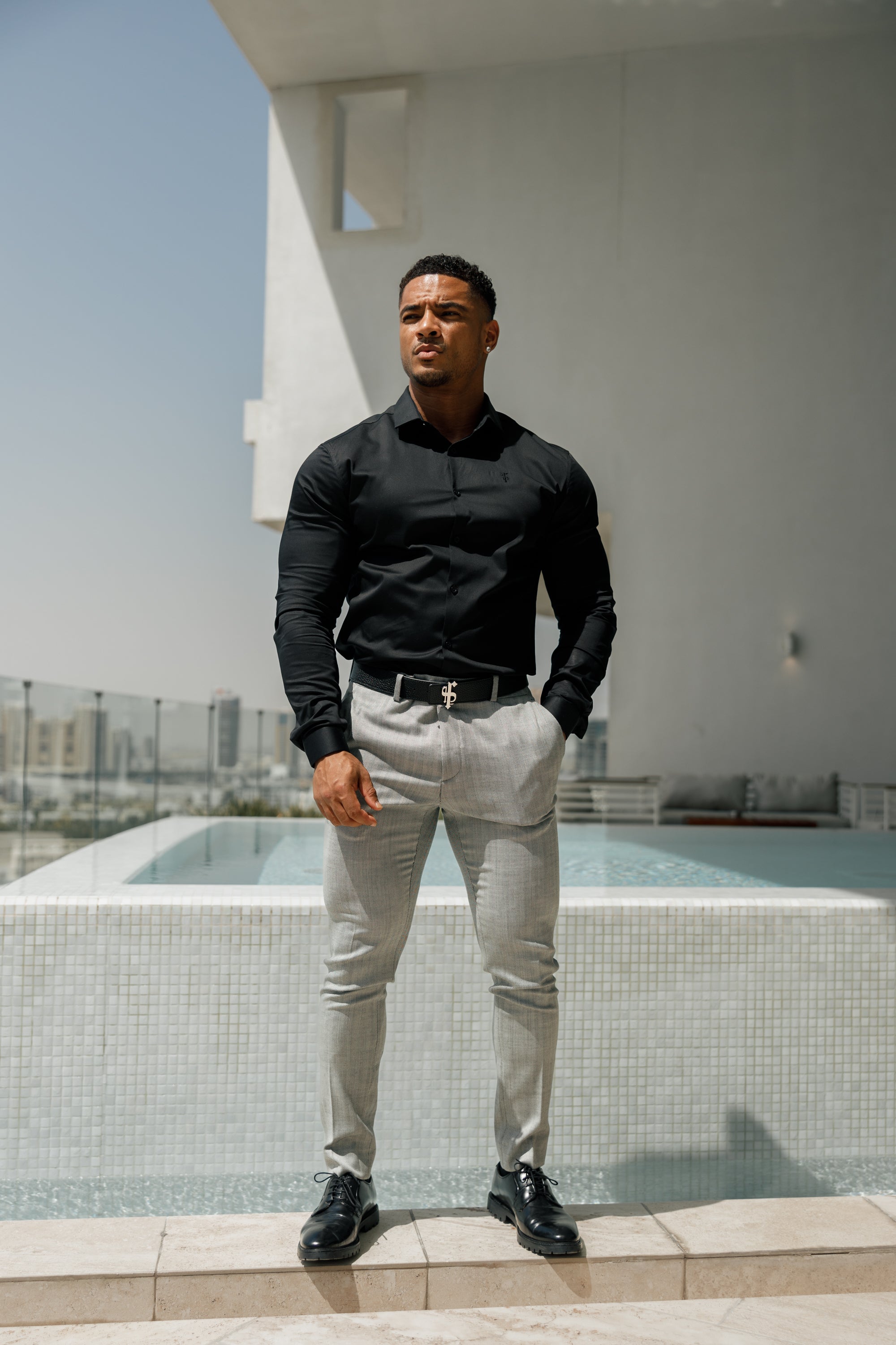 Slim Formal Black and White Herringbone Stretch Trousers - FST014