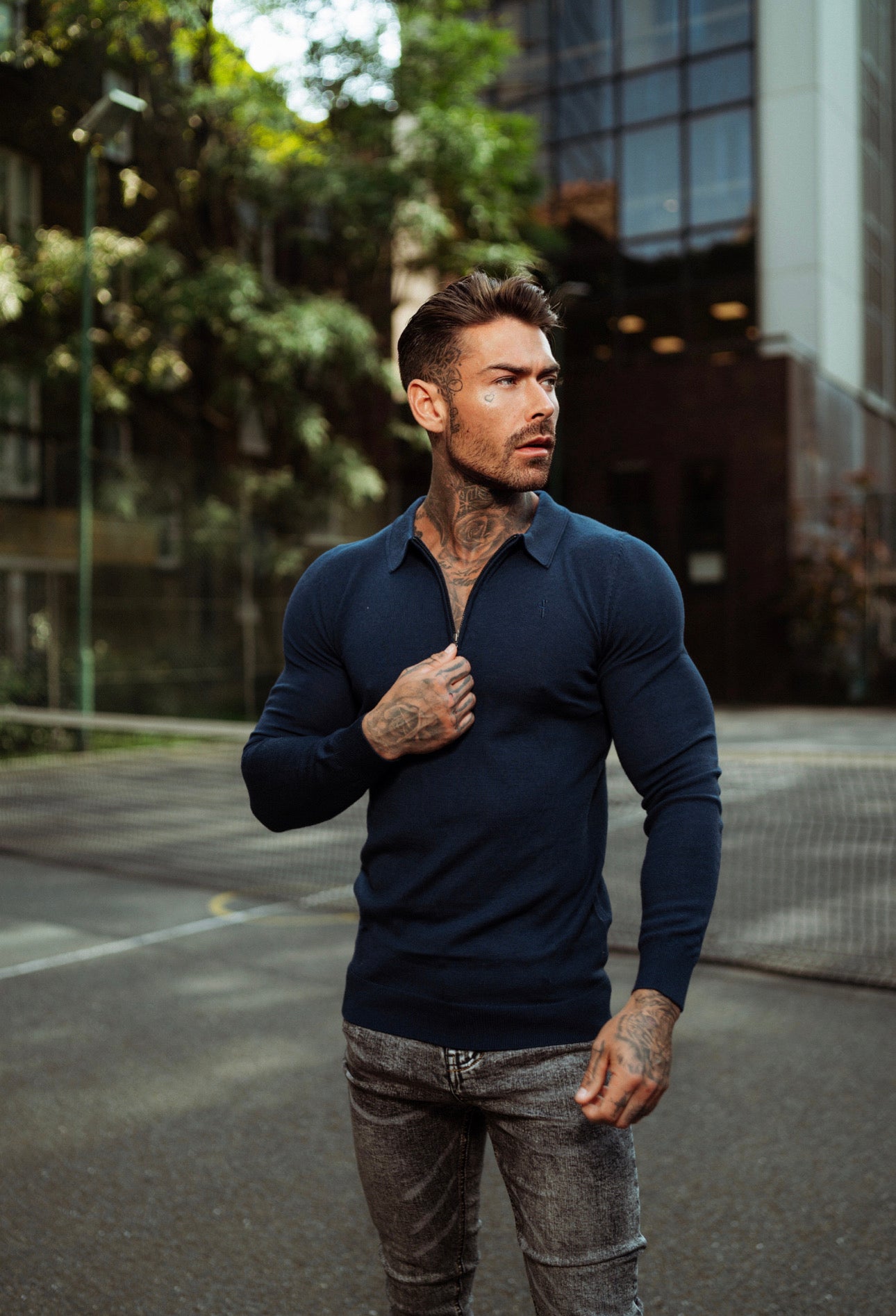 Classic Navy Merino Wool Knitted Zip Polo Long Sleeve Jumper With FS Embroidery- FSN007