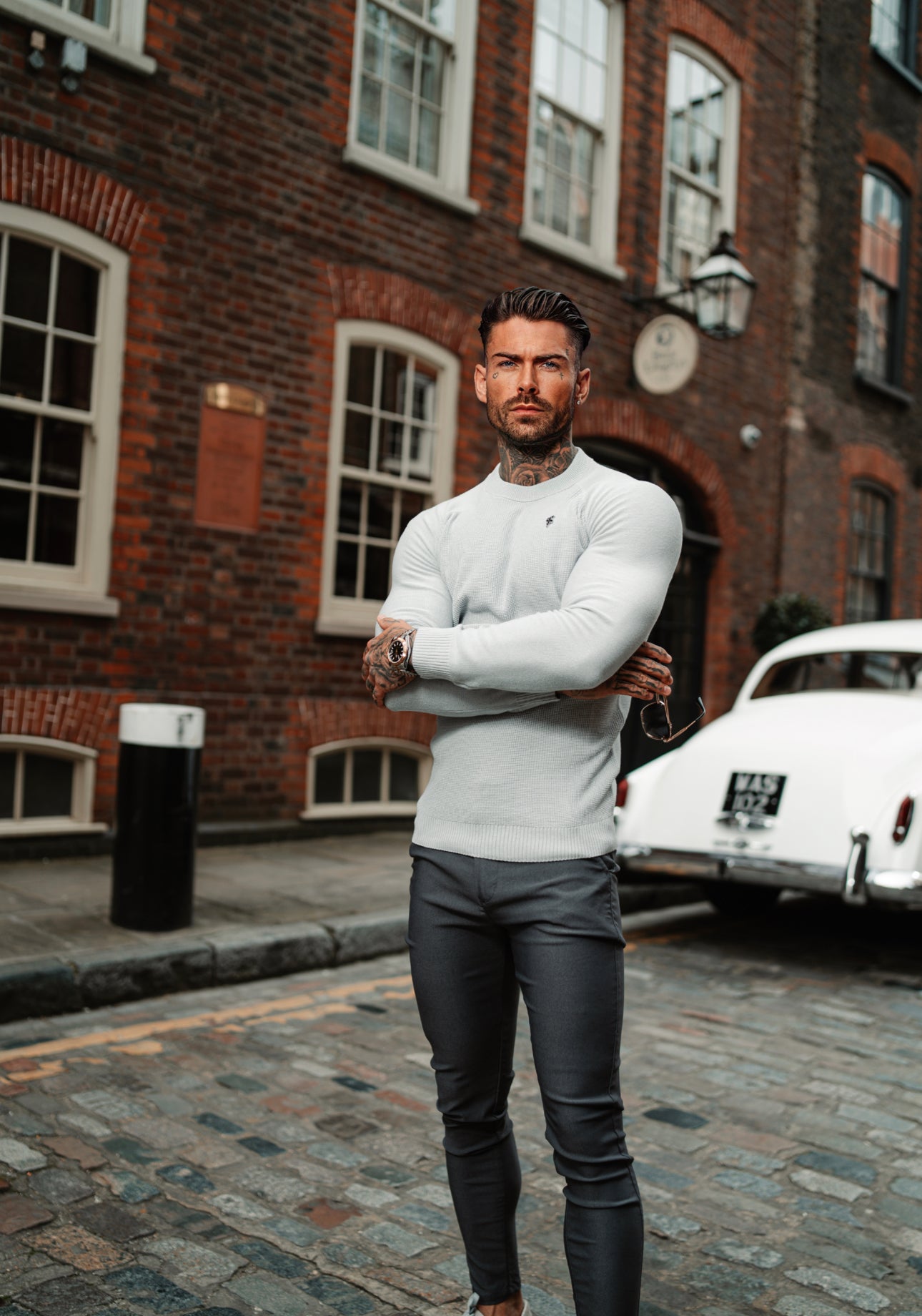 Grey Knitted Honeycomb Raglan Crew Super Slim Jumper With Metal Decal - FSN063