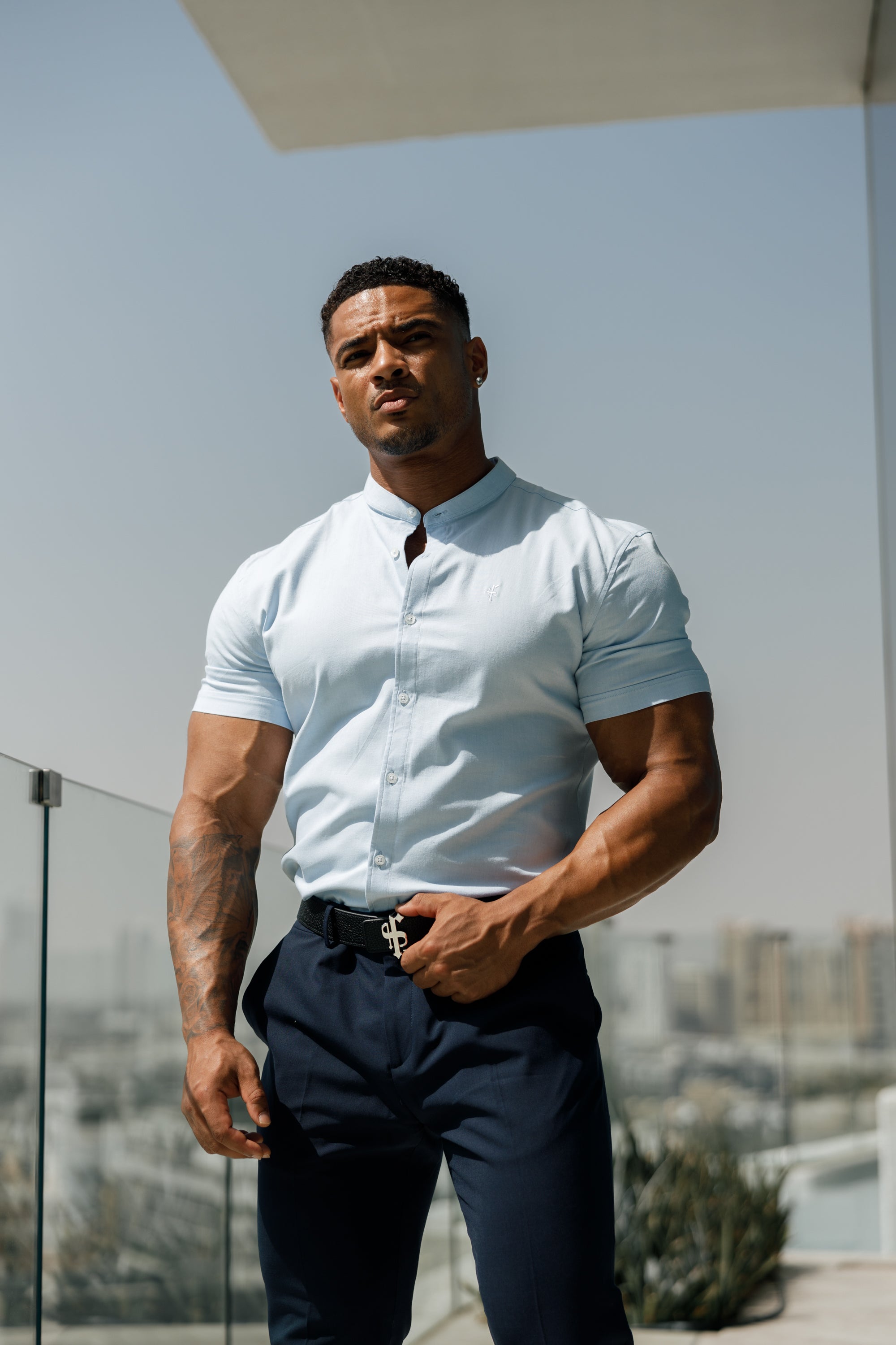 Super Slim Stretch Classic Oxford Light Blue Short Sleeve with Grandad Collar - FS937