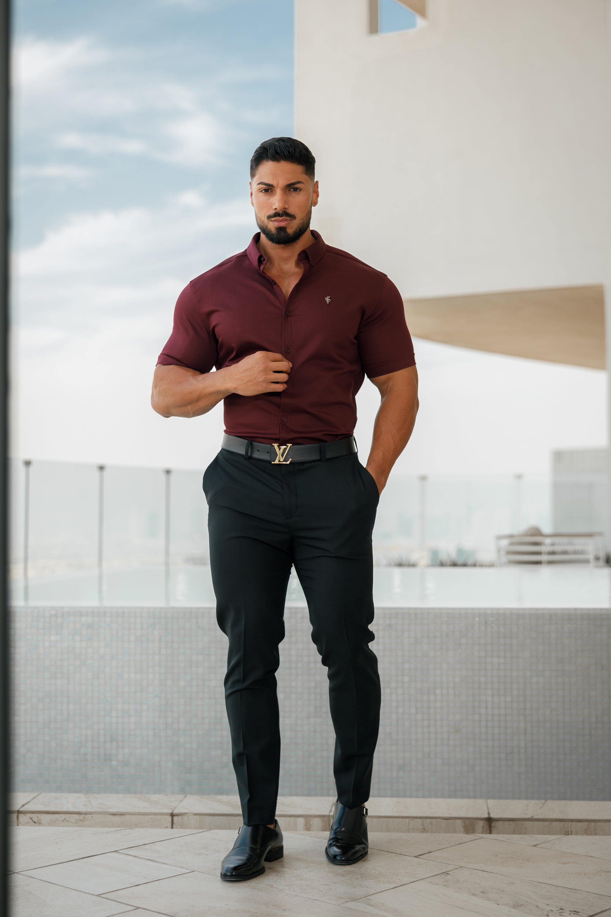 Super Slim Stretch Burgundy Denim Short Sleeve with Metal Decal Emblem - FS629