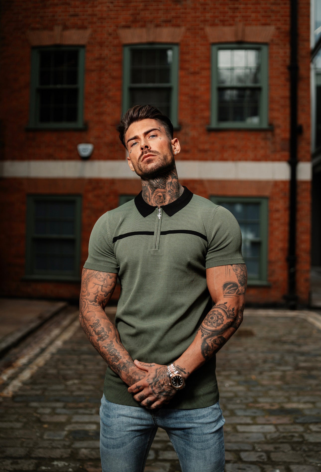 Classic Khaki / Black Horizontal Stripe Zipped Polo Short Sleeve - FSN042