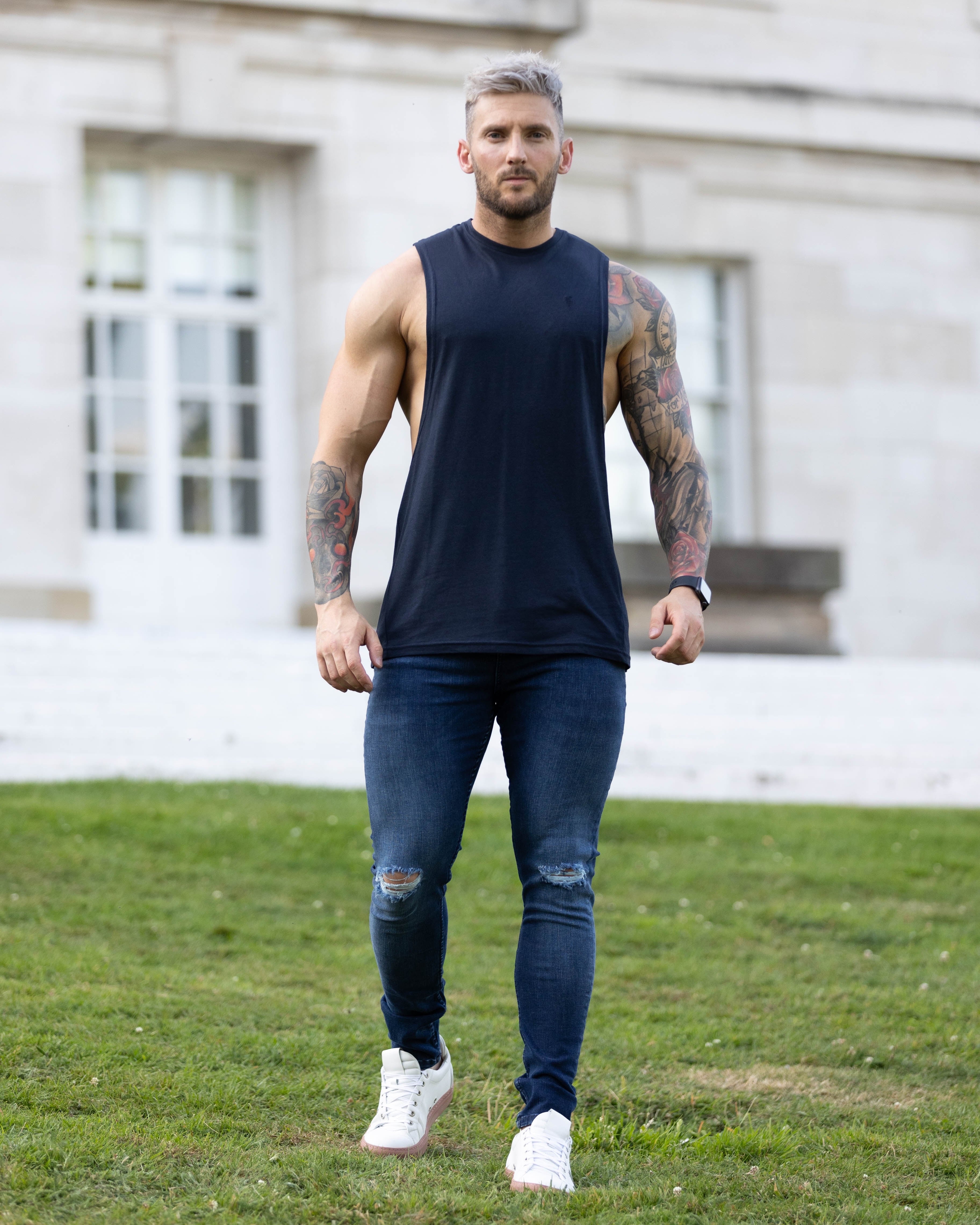 Ultra Stretch Navy Slim Jeans with Knee Rips - FSJEAN004