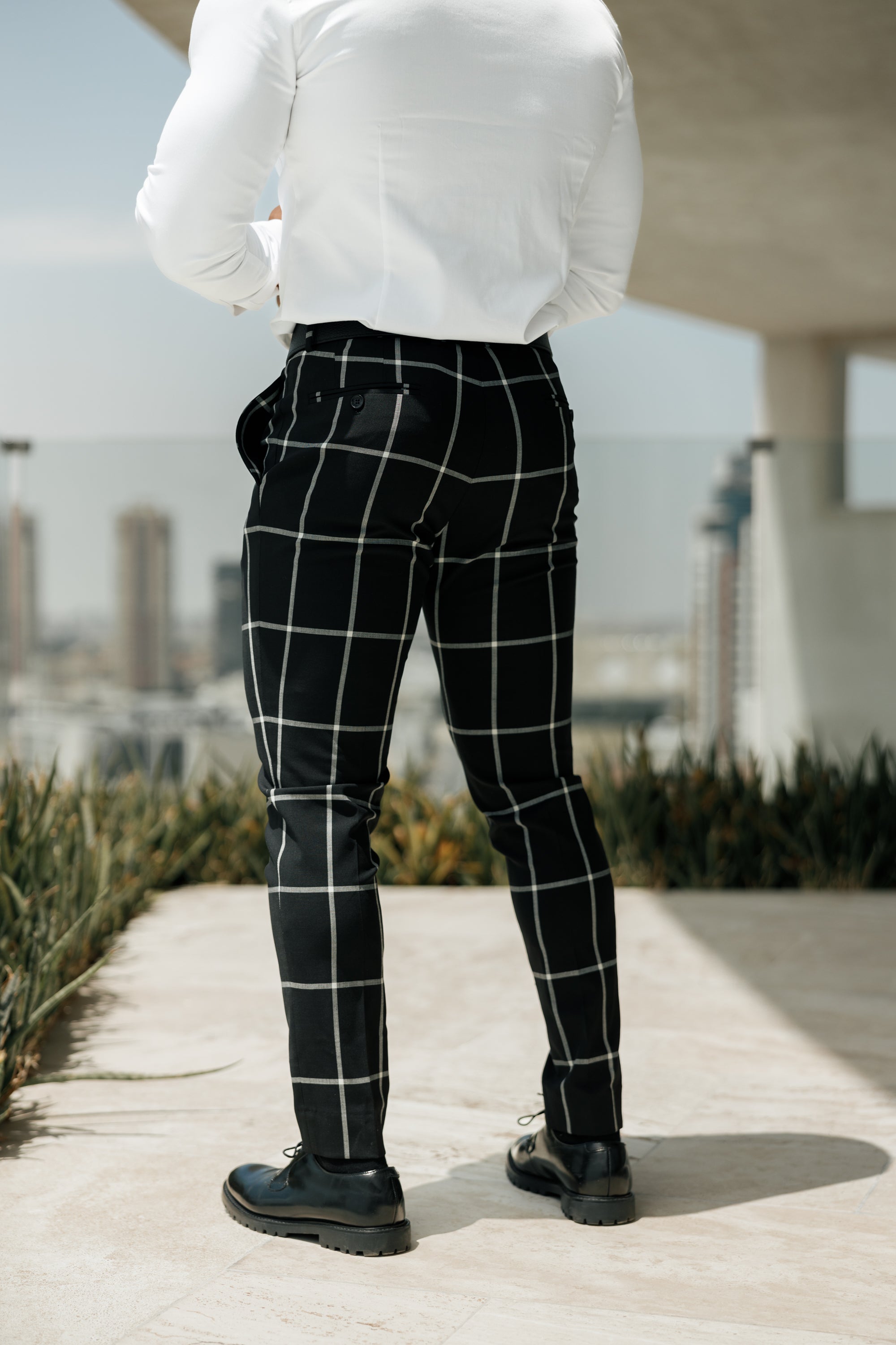 Slim Formal Black and Ecru Large Check Stretch Trousers - FST015