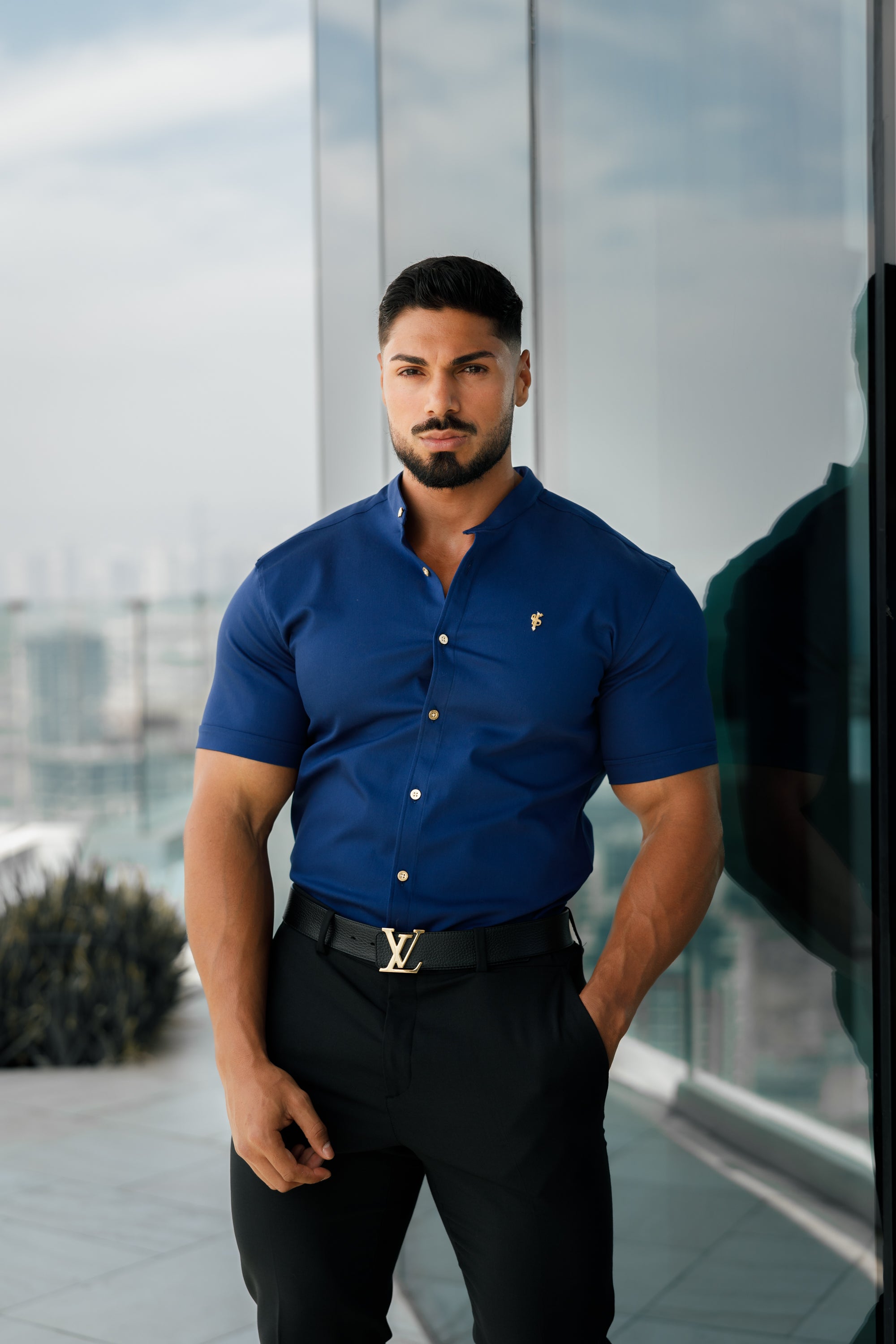 Super Slim Stretch Navy Denim Short Sleeve Grandad collar with Metal Buttons and Decal Emblem - FS714