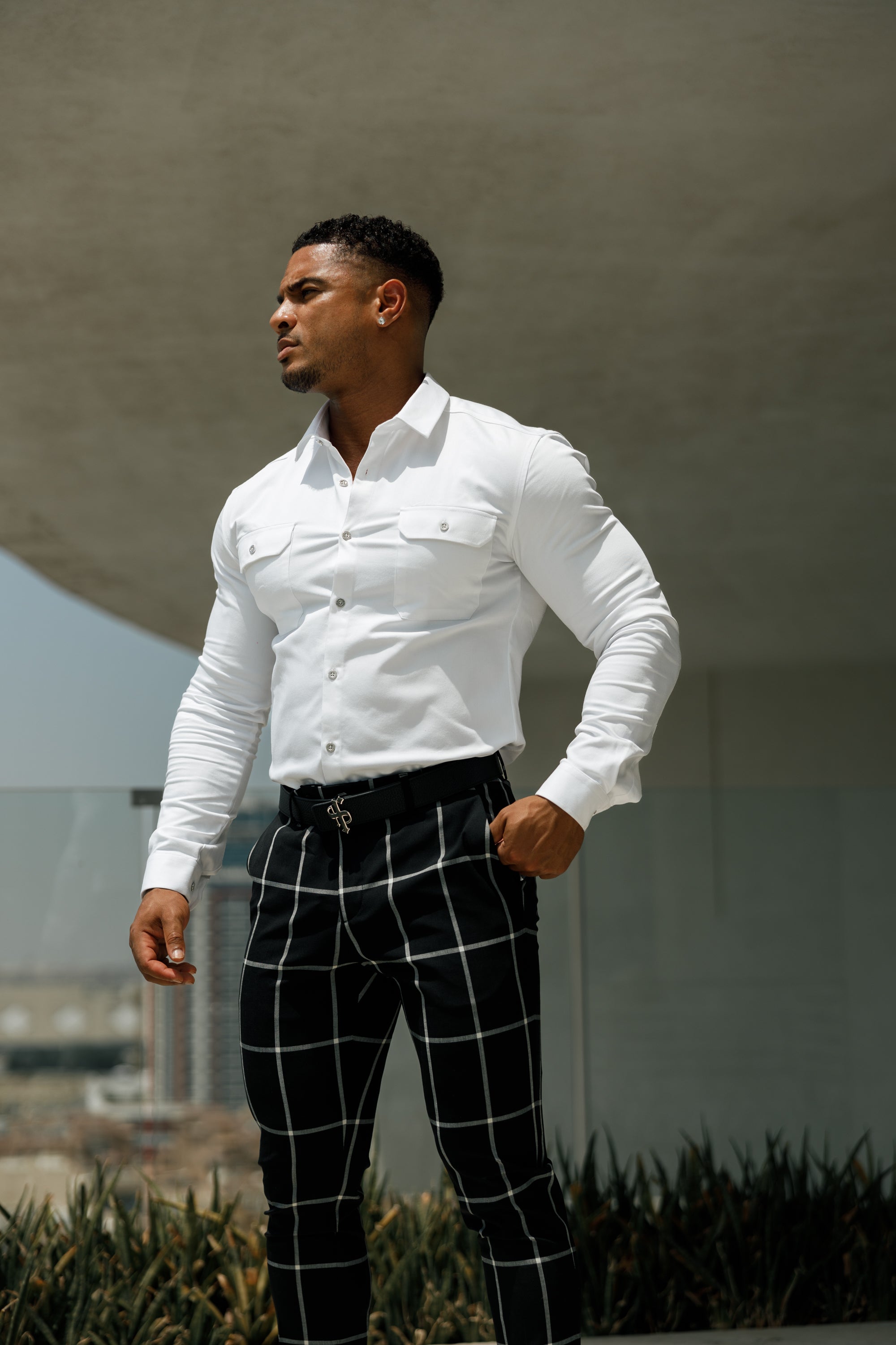 Slim Formal Black and Ecru Large Check Stretch Trousers - FST015