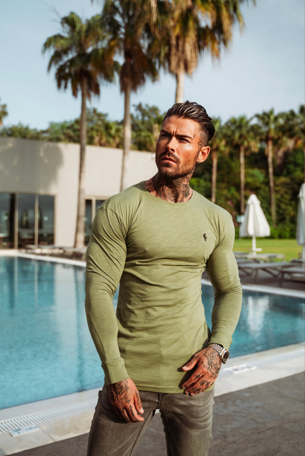 Khaki Slub Crew Long Sleeve With Cuff - FSH728