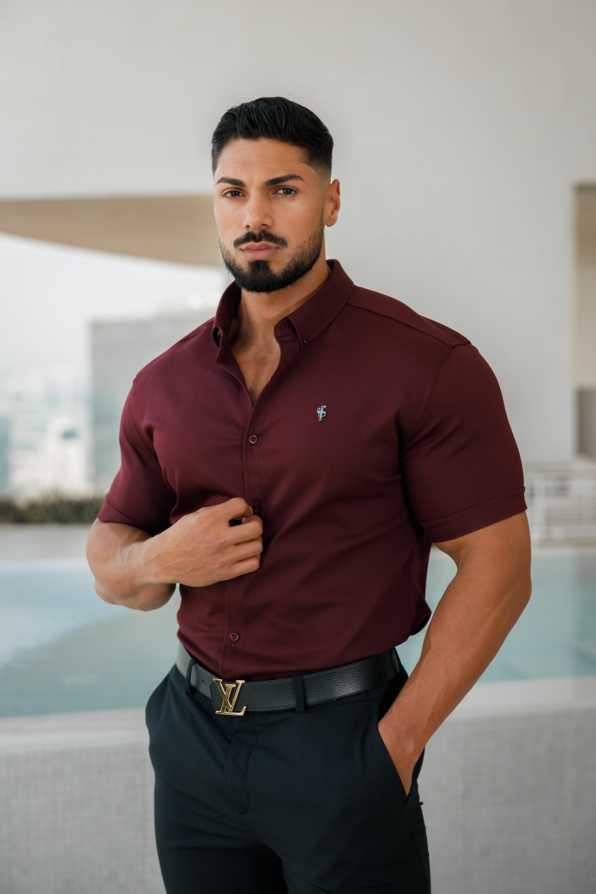 Super Slim Stretch Burgundy Denim Short Sleeve with Metal Decal Emblem - FS629