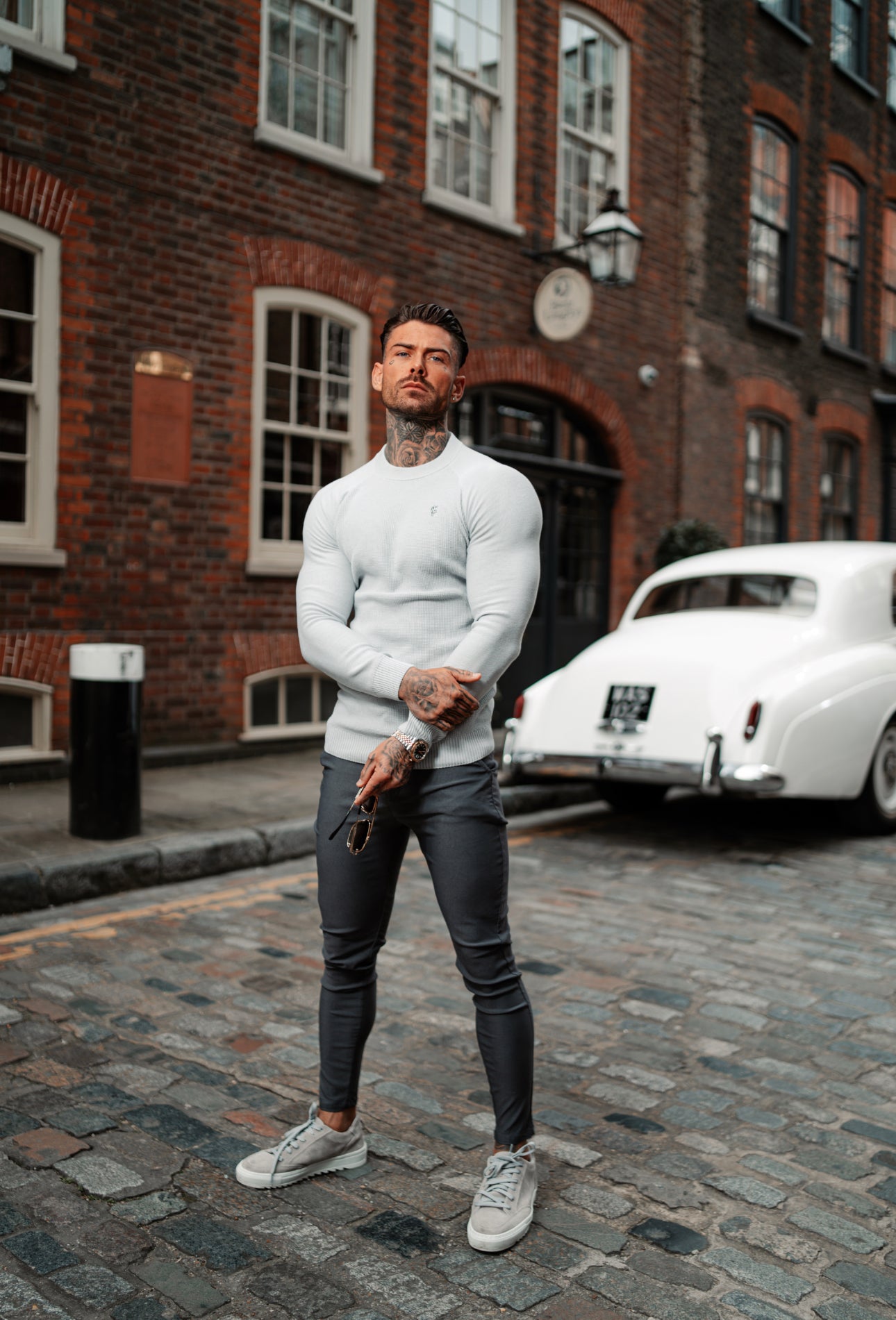 Grey Knitted Honeycomb Raglan Crew Super Slim Jumper With Metal Decal - FSN063